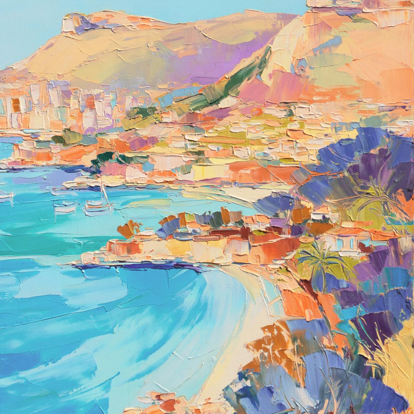 'Golfe Bleu Beach, Roquebrune, Côte d'Azur', Cap Martin, Nice, French Coastal - Blue Landscape Painting by Alain Demarte