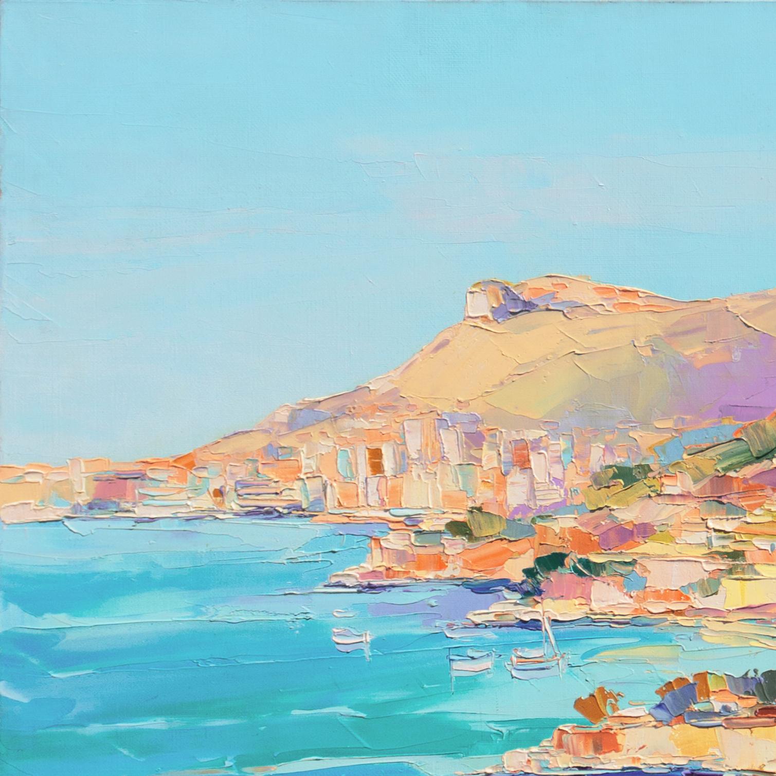 Signed lower right, 'Demarte' for Alain Demarte (French, 1944-2015) and painted circa 2005. Additionally signed, verso, and titled, 'Plage Golfe Bleu, Roquebrune.'

A bright and colorful, birds-eye view of this popular sandy beach in Roquebrune,