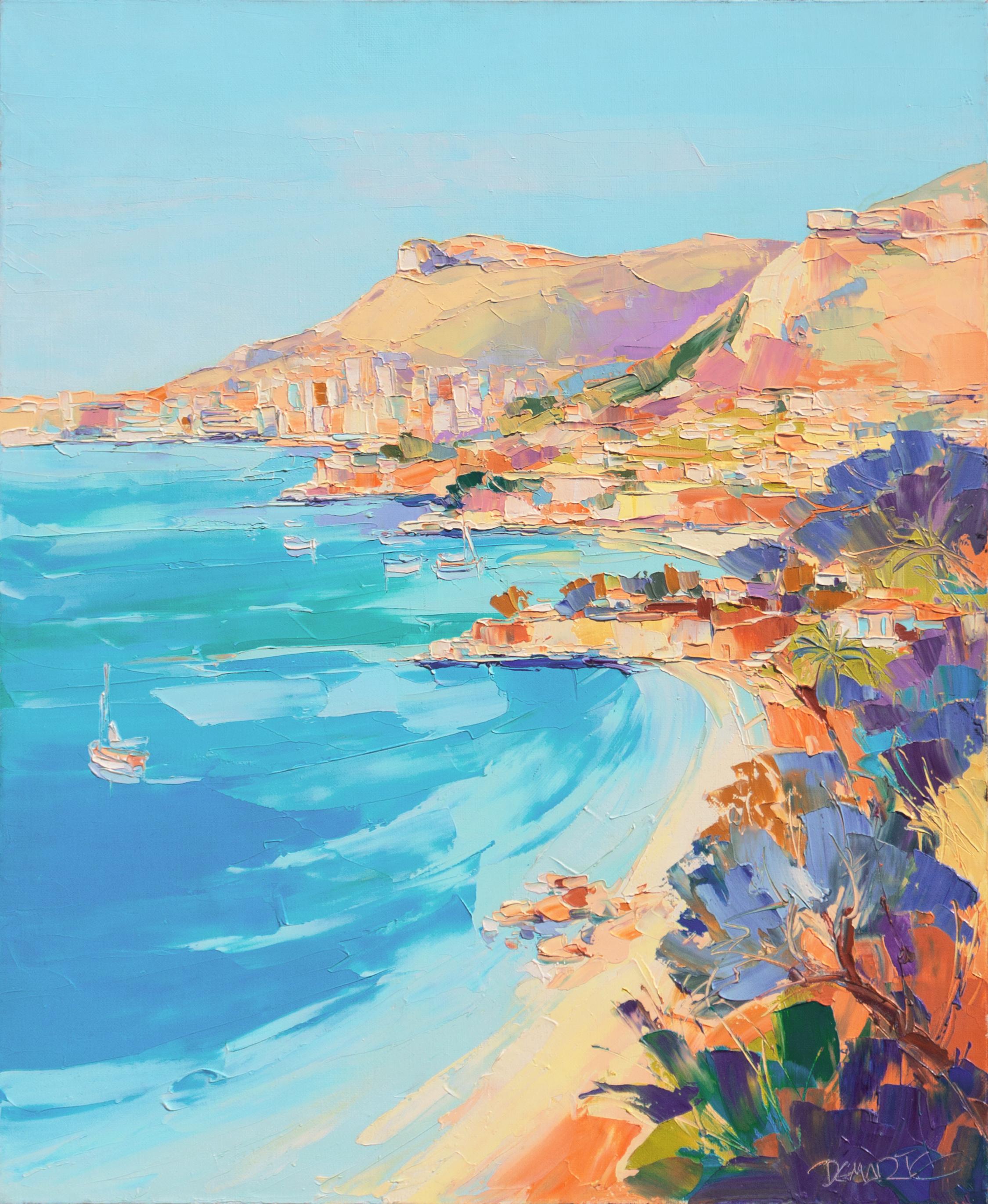 Alain Demarte Landscape Painting - 'Golfe Bleu Beach, Roquebrune, Côte d'Azur', Cap Martin, Nice, French Coastal
