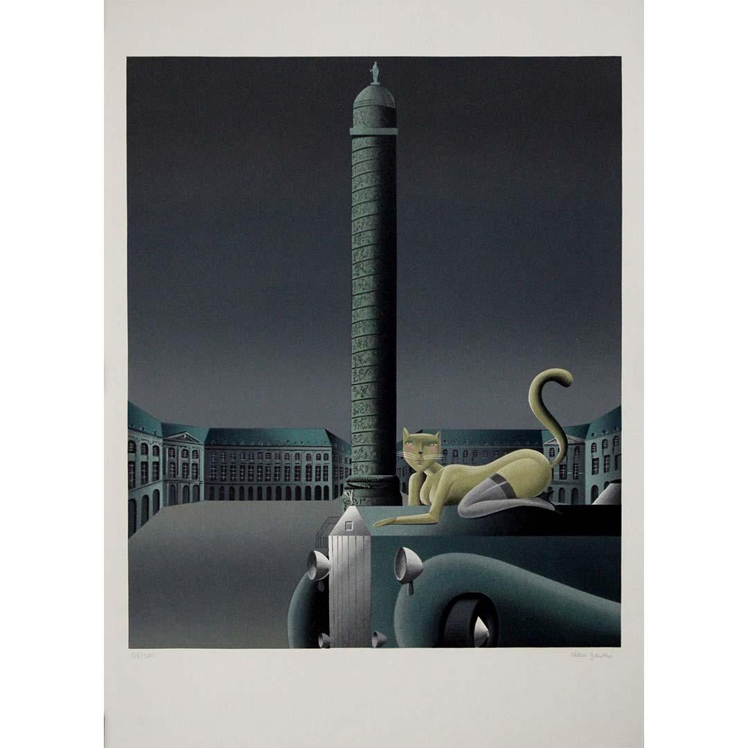 Cette captivante lithographie d'Alain Gauthier, réalisée vers 1960, présente une vision surréaliste et atmosphérique de la place Vendôme, mêlant élégance classique et symbolisme imaginatif. Signée au crayon et numérotée 178/200, cette pièce en
