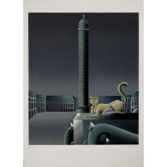 Lithograph by Alain Gauthier - surreal vision of Place Vendôme in Paris