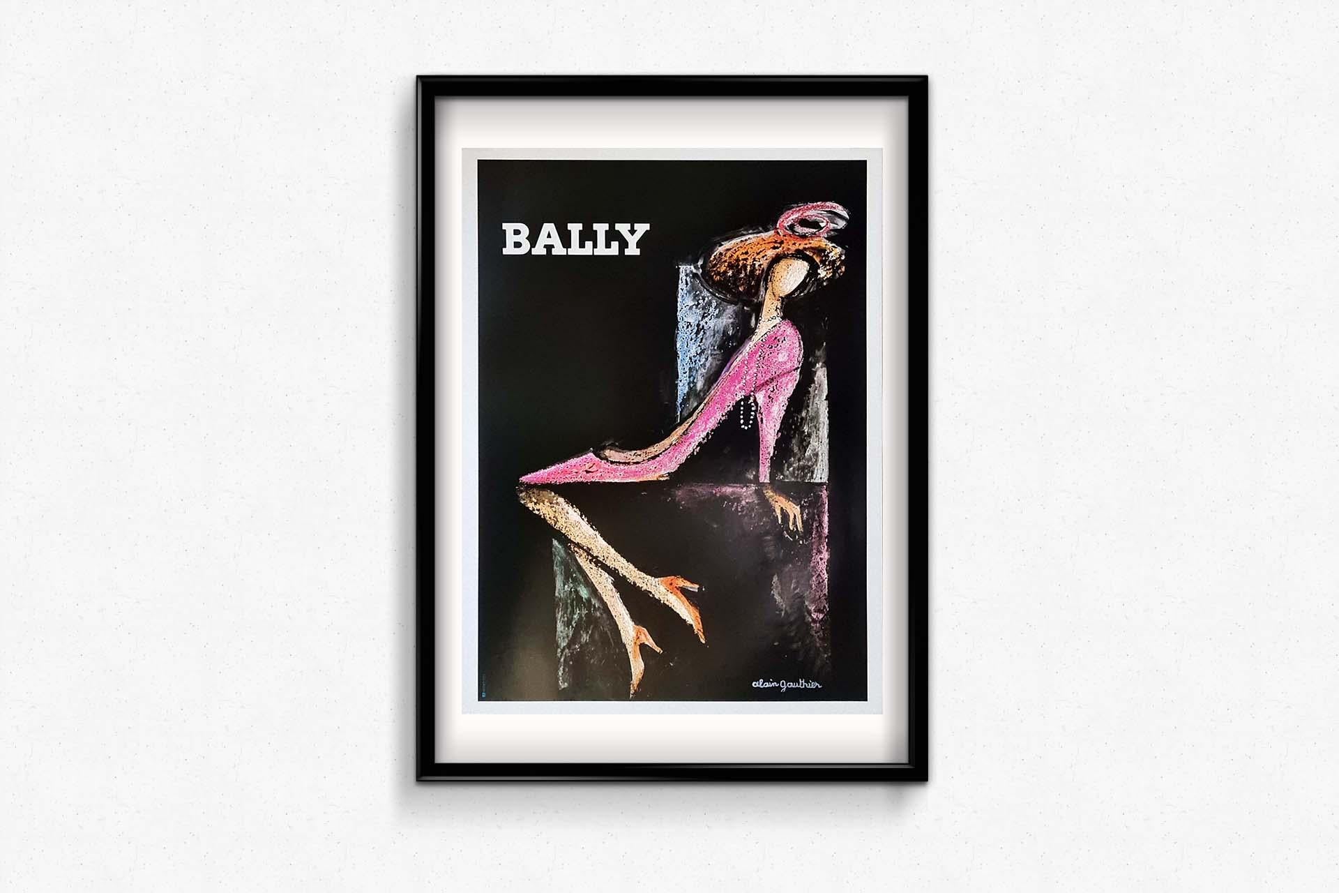 Beautiful original poster by Alain Gauthier for Bally women's shoes. Bally is a company founded as Bally & Co in 1851 by Carl Franz Bally (1821-1899) and his brother Fritz in the basement of the family home in Schönenwerd (Solothurn), Switzerland.
