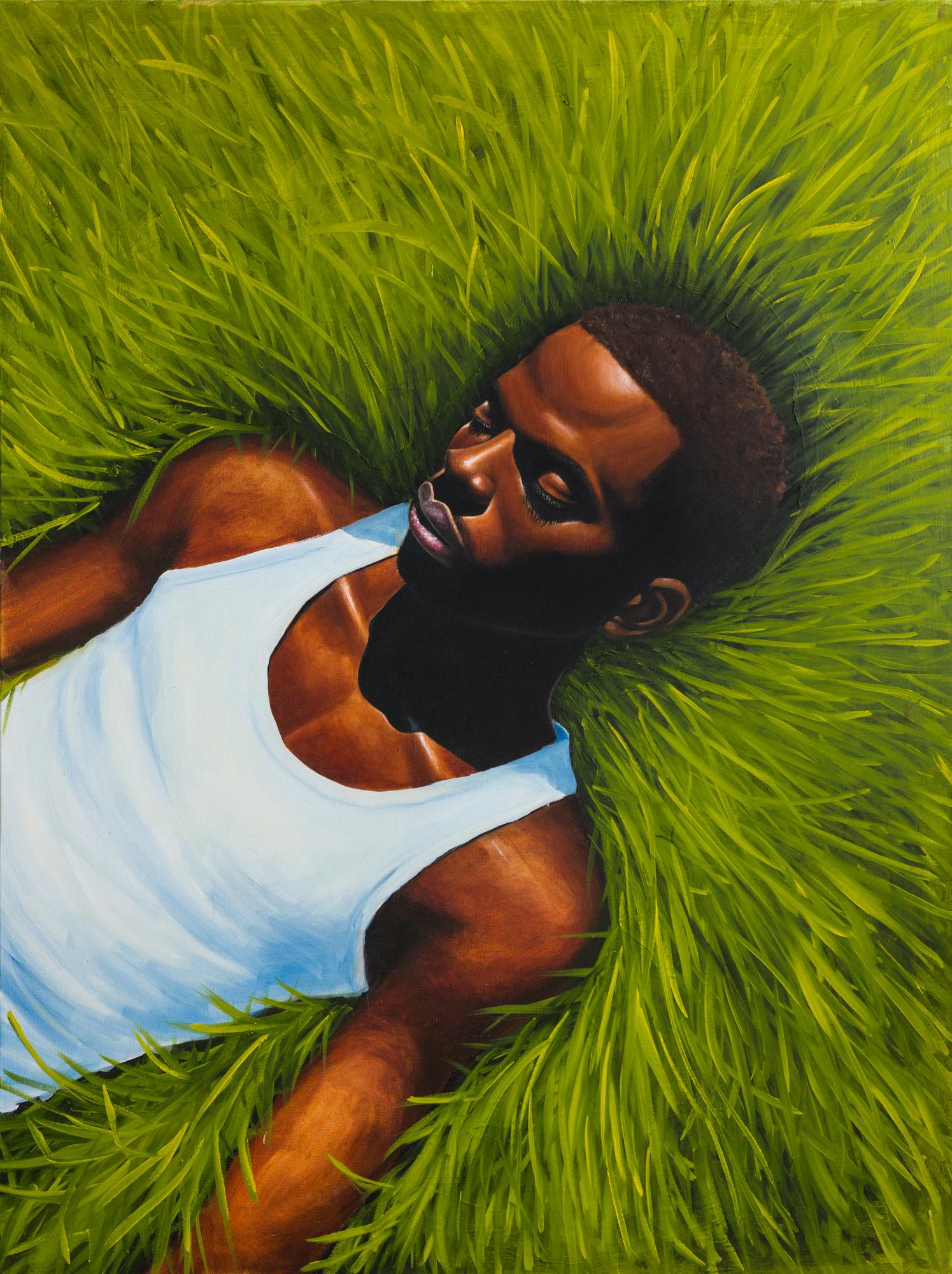 "Riposo" Pittura figurativa di un giovane uomo sull'erba - Painting di Alain Jean-Baptiste