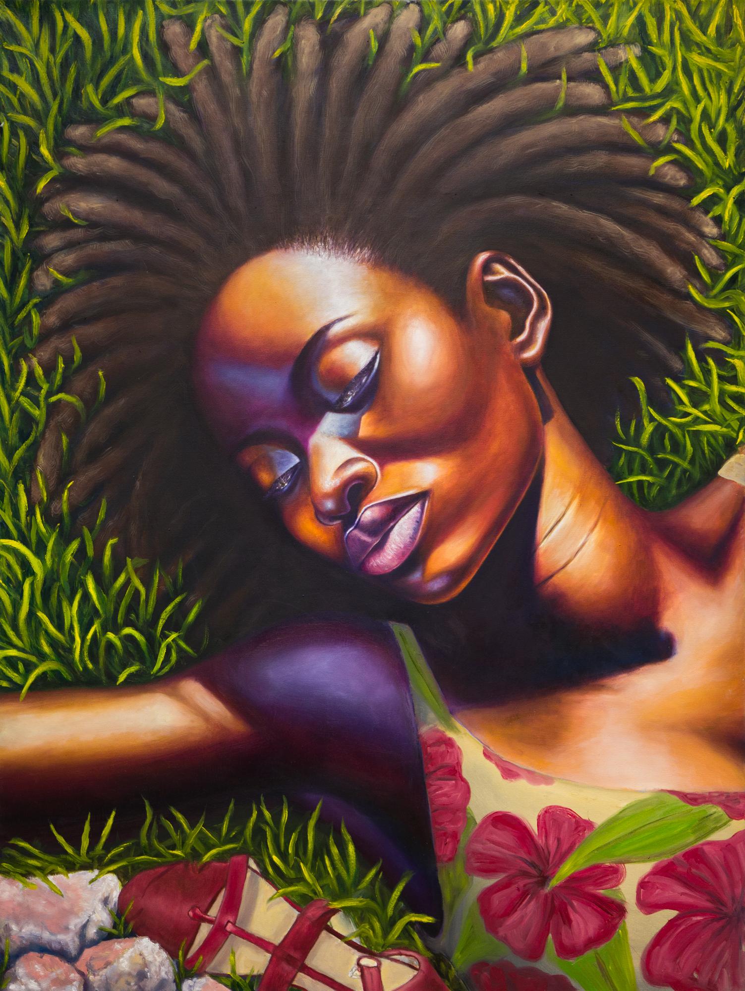 « Voisine (lieu) », femme haïtienne allongée paisiblement sur un gazon à l'huile