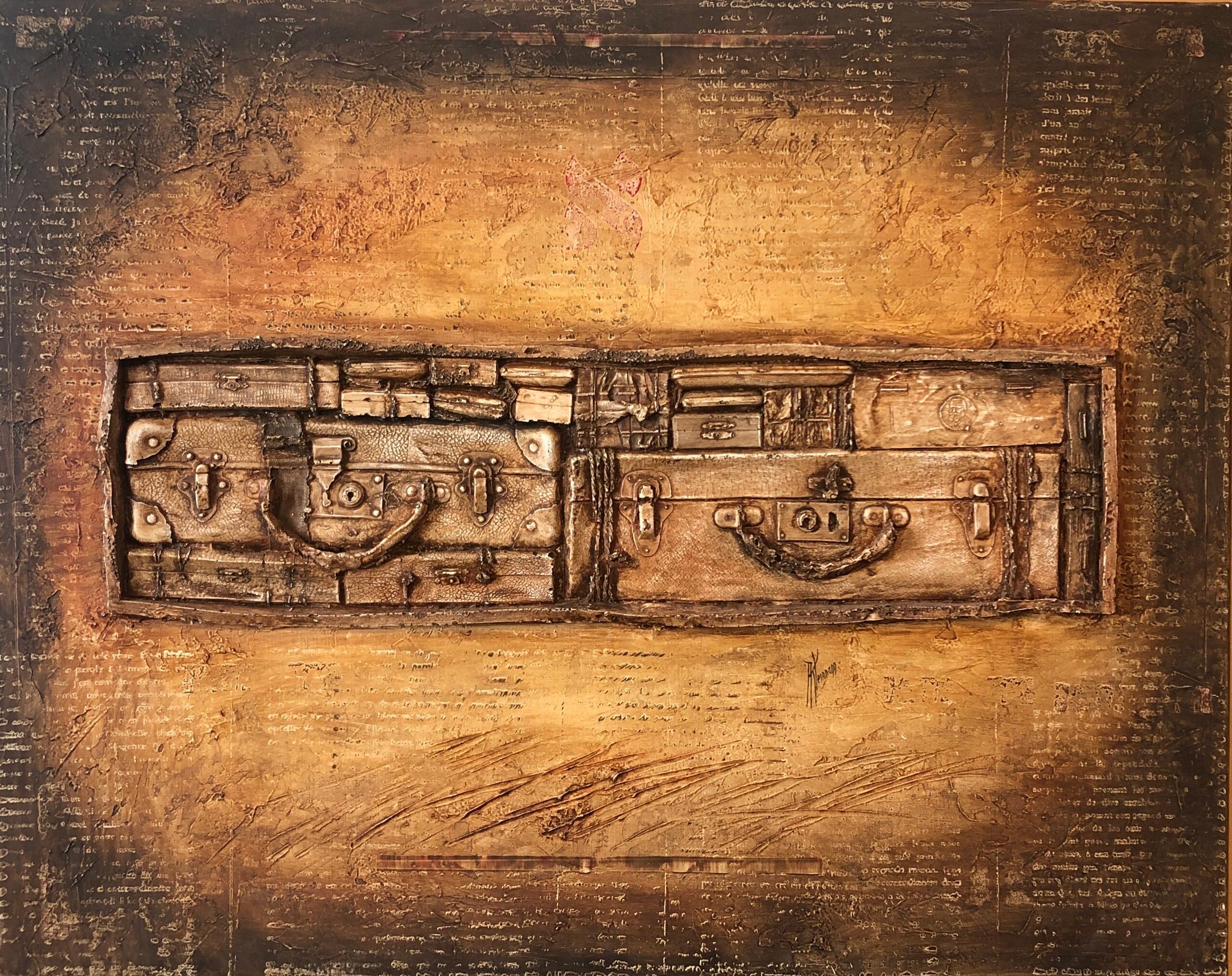 Painting measures 28 X 36 inches. There is a sulpture quality to the suitcase, it has texture to the piece. It subtly recalls the european Holocaust, travel and displacement. Provenance: Ginsburg collection; purchased from Galerie Art Temoin, Paris,