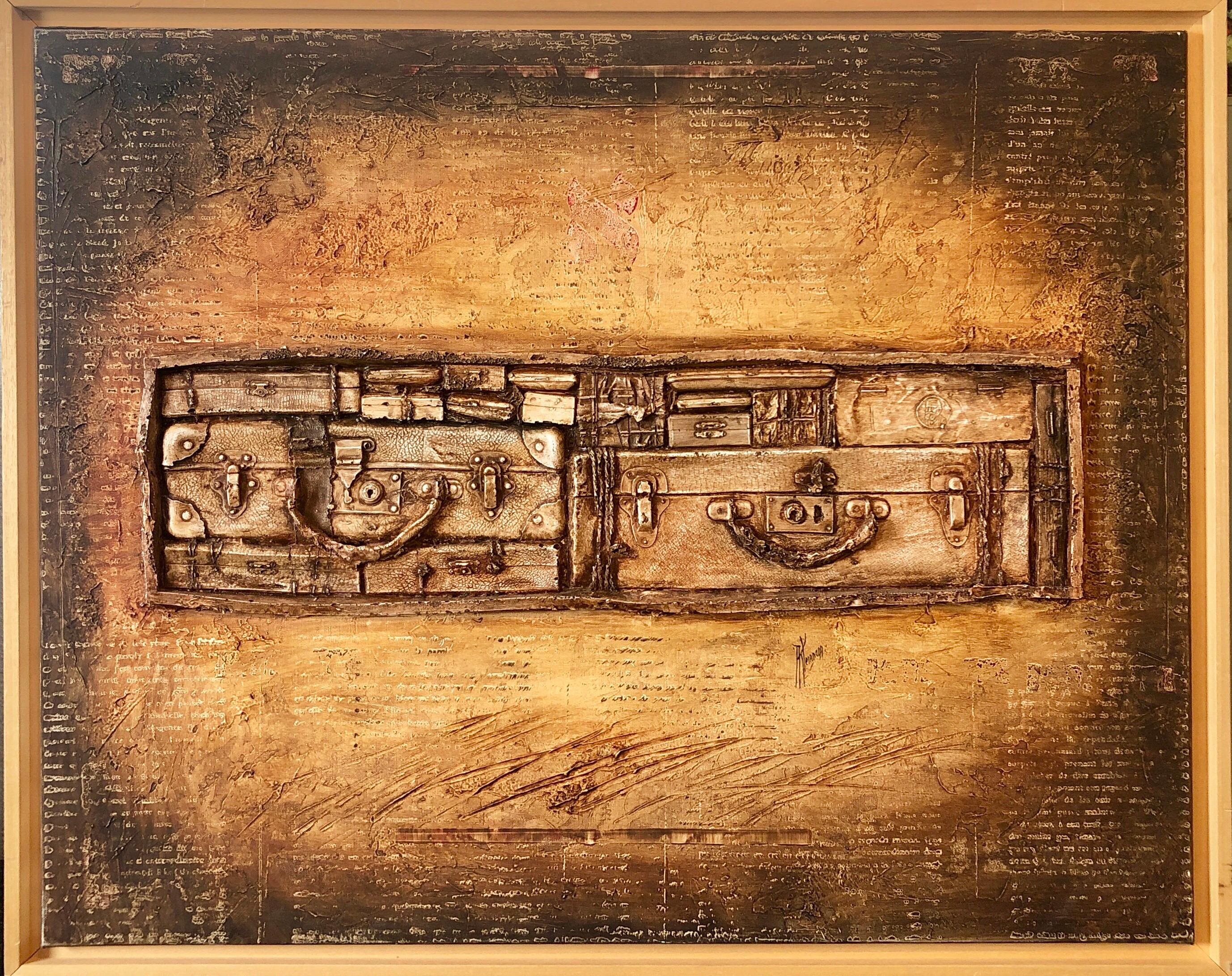 Modernist Judaica "Les Valises" French Jewish Modernist Mixed media Oil Painting - Mixed Media Art by Alain Kleinmann