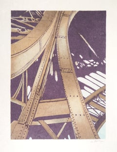 Paris : Intérieur de la Tour Eiffel - Lithographie originale signée à la main