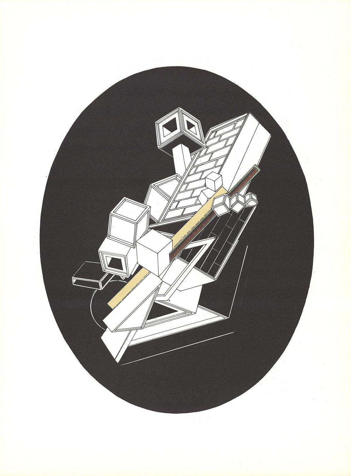 1969 Alain Le Yaouanc 'Kubisformen auf schwarzem Oval' Surrealismus Schwarz-Weiß-Lithographie