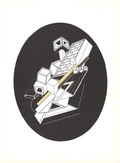 1969 Alain Le Yaouanc 'Forme cubiche su ovale nero' Surrealismo in bianco e nero Litografia