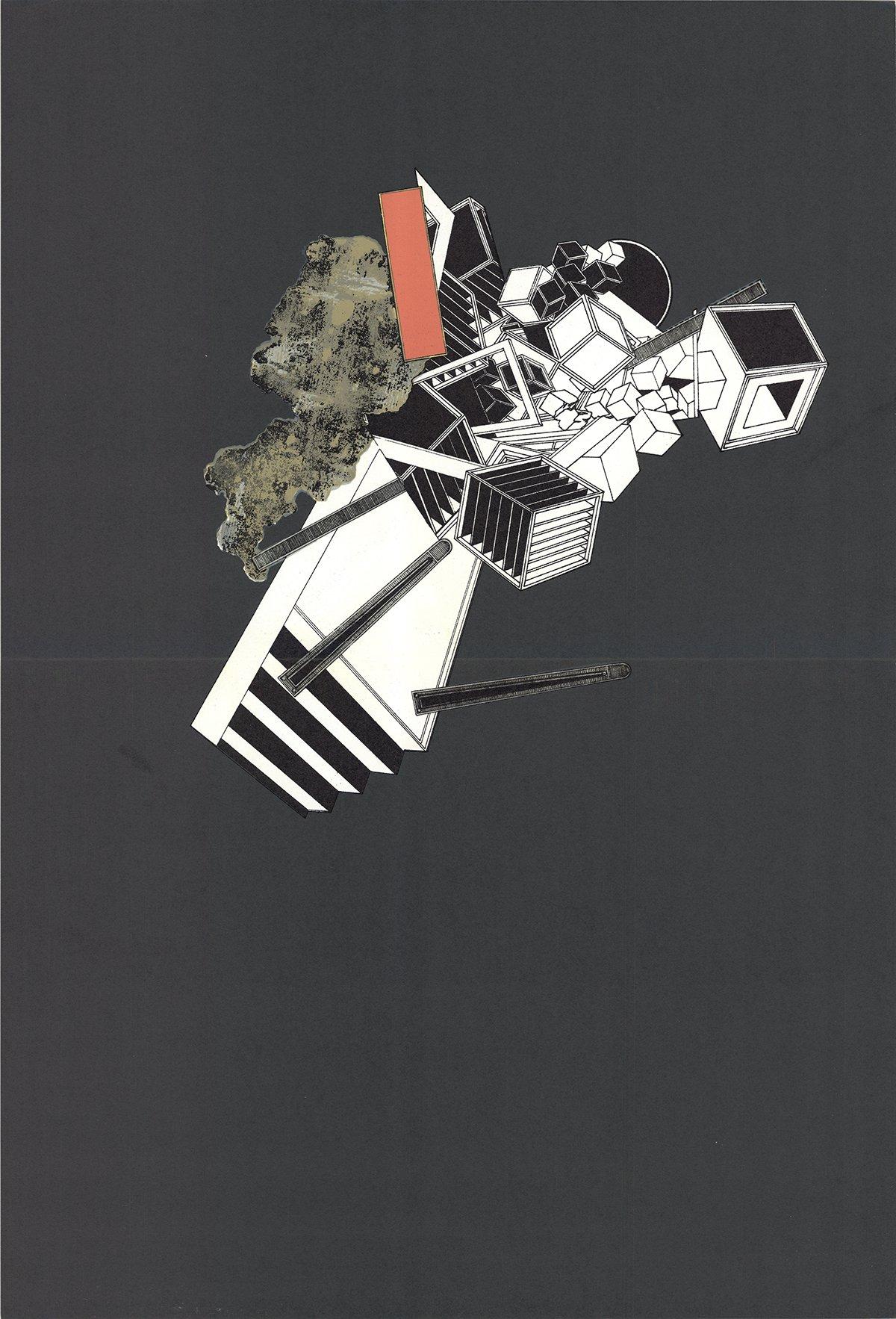 1969 Alain Le Yaouanc 'Étude géométrique sur noir' Surréalisme Gris, blanc, noir