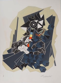 Caída de los cubos negros y blancos - Litografía original firmada a mano