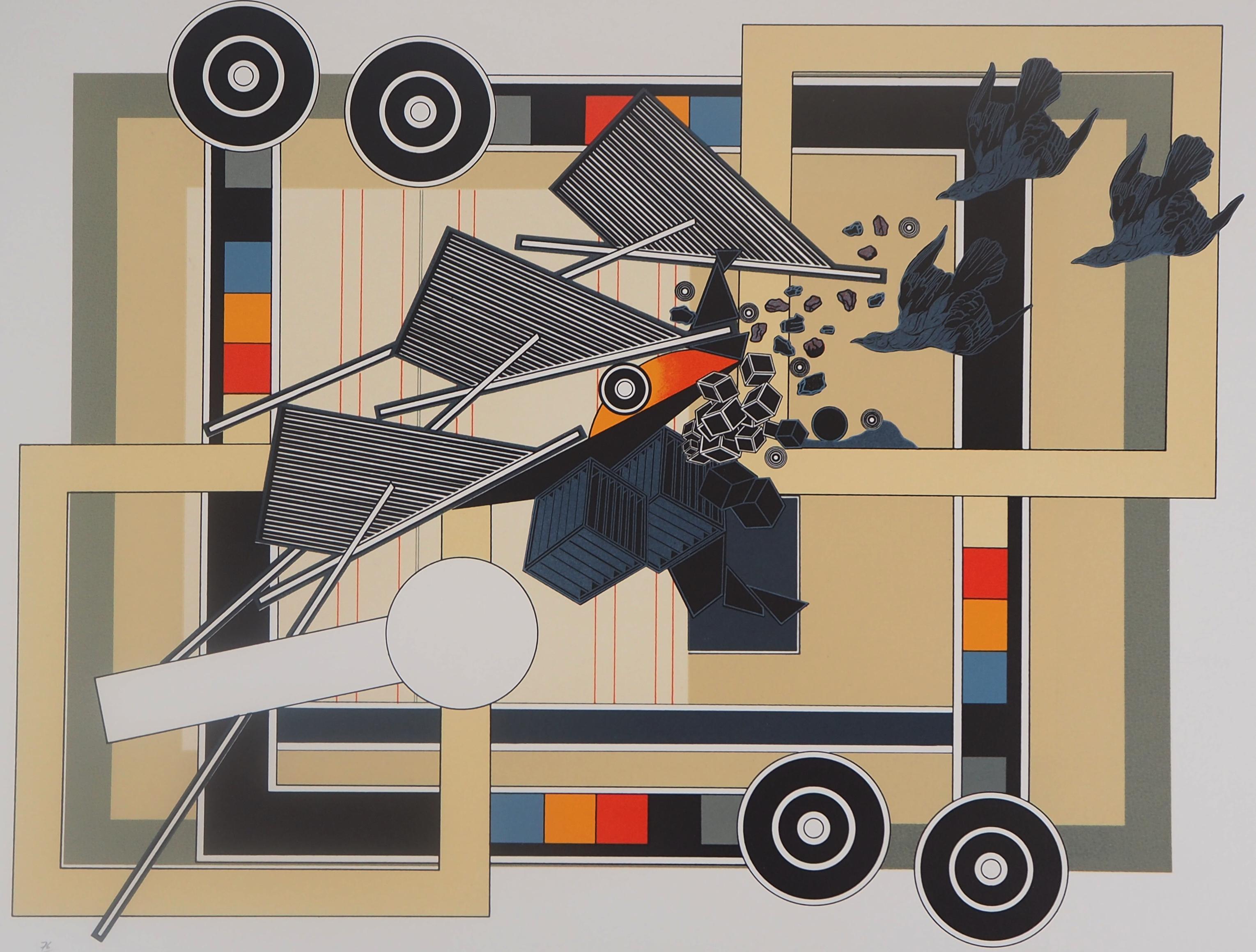 Tandem : Cinetic Compositon with Birds - Handsigned Original Lithograph - Print by Alain Le Yaouanc