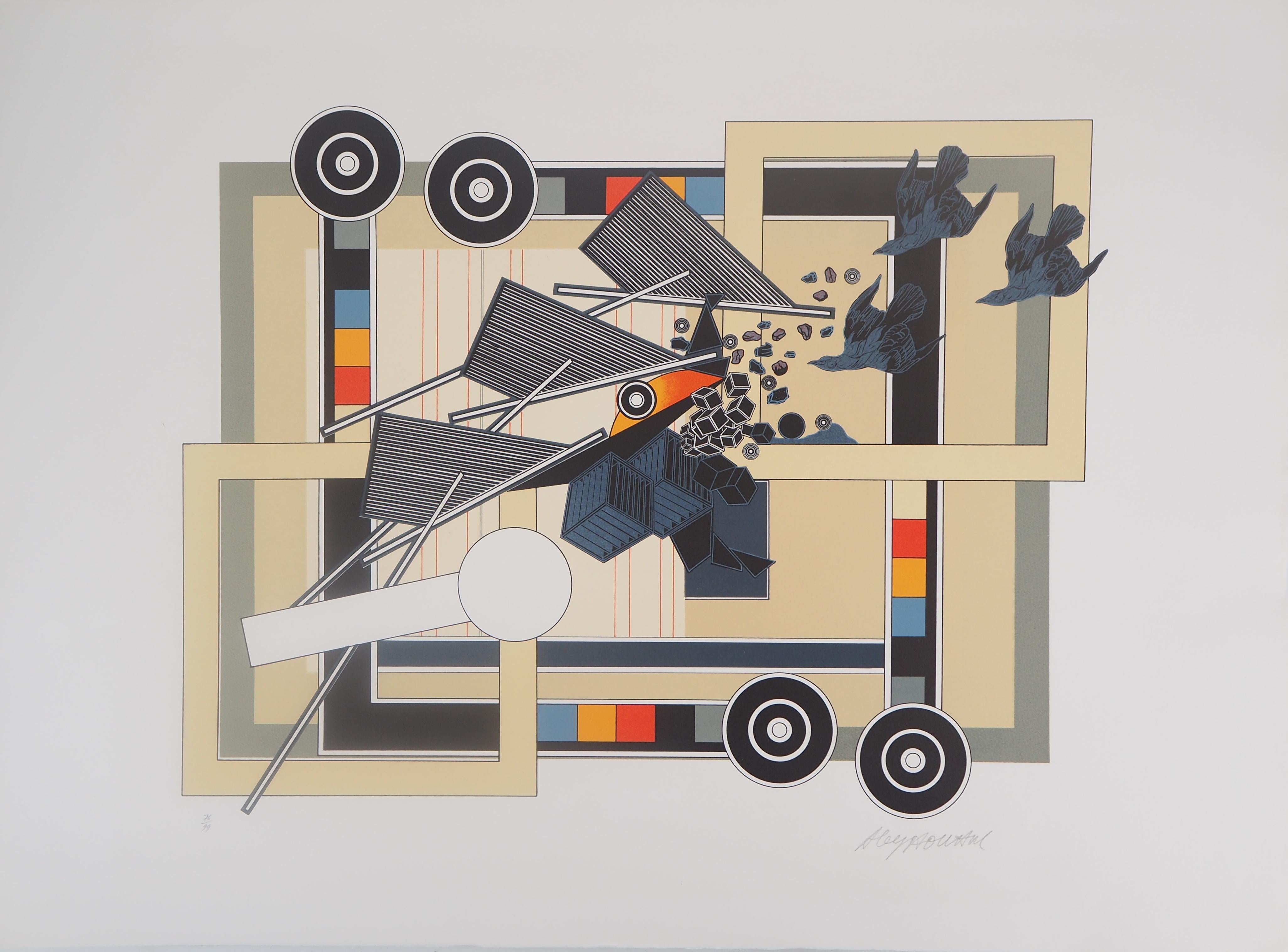 Alain Le Yaouanc Abstract Print - Tandem : Cinetic Compositon with Birds - Handsigned Original Lithograph