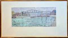 Scena di porto e ponte, olio su cartoncino, firmato, fine XX secolo
