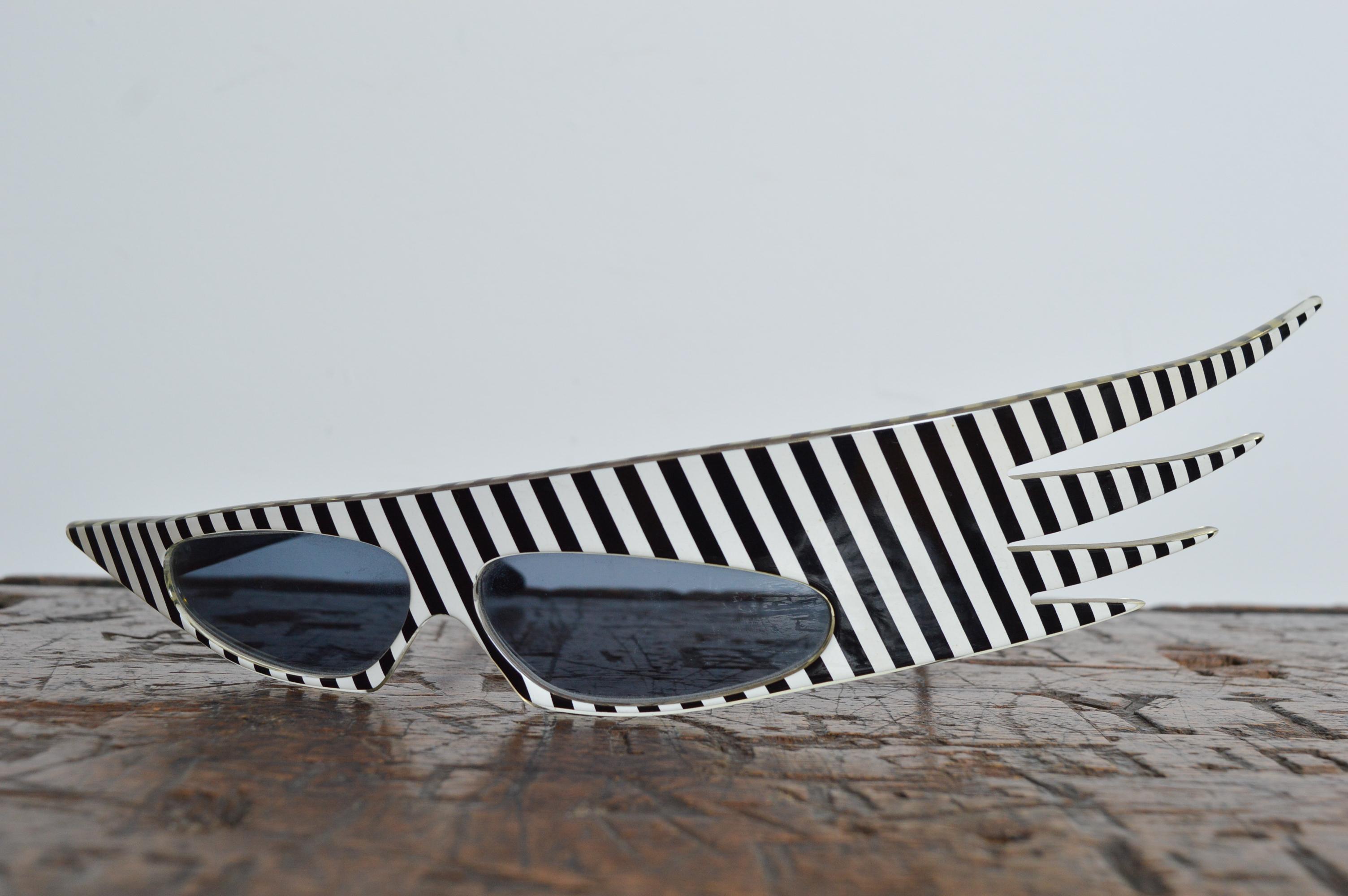Beige Alain Mikli Rare 1980s Plume Striped Avant Guard Crazy Sunglasses - Loud Shades