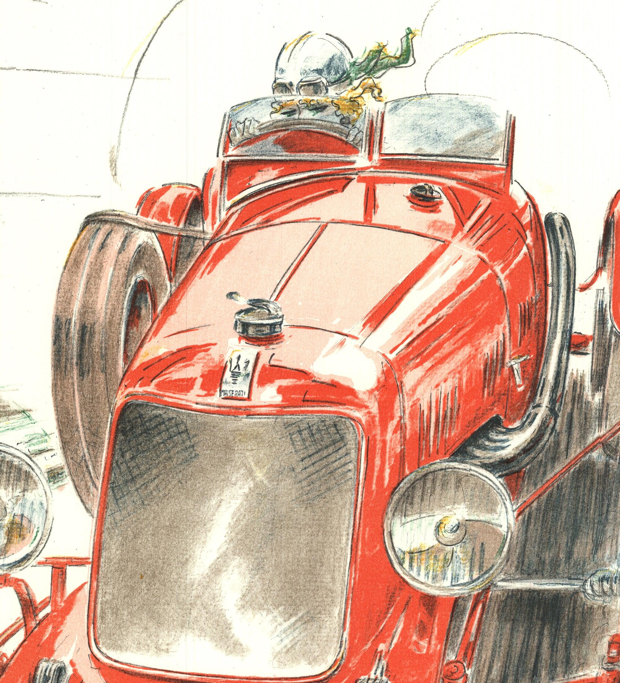 This limited edition lithograph by Alain Moitrier, published in 1998, features a vintage Maserati race car captured at full speed on a race track. The artist's exceptional ability to depict motion is evident in the dynamic portrayal of the car, with