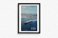 Affiche de voyage originale de 1964 Normandie Le Havre Le port et le Paquebot « France »