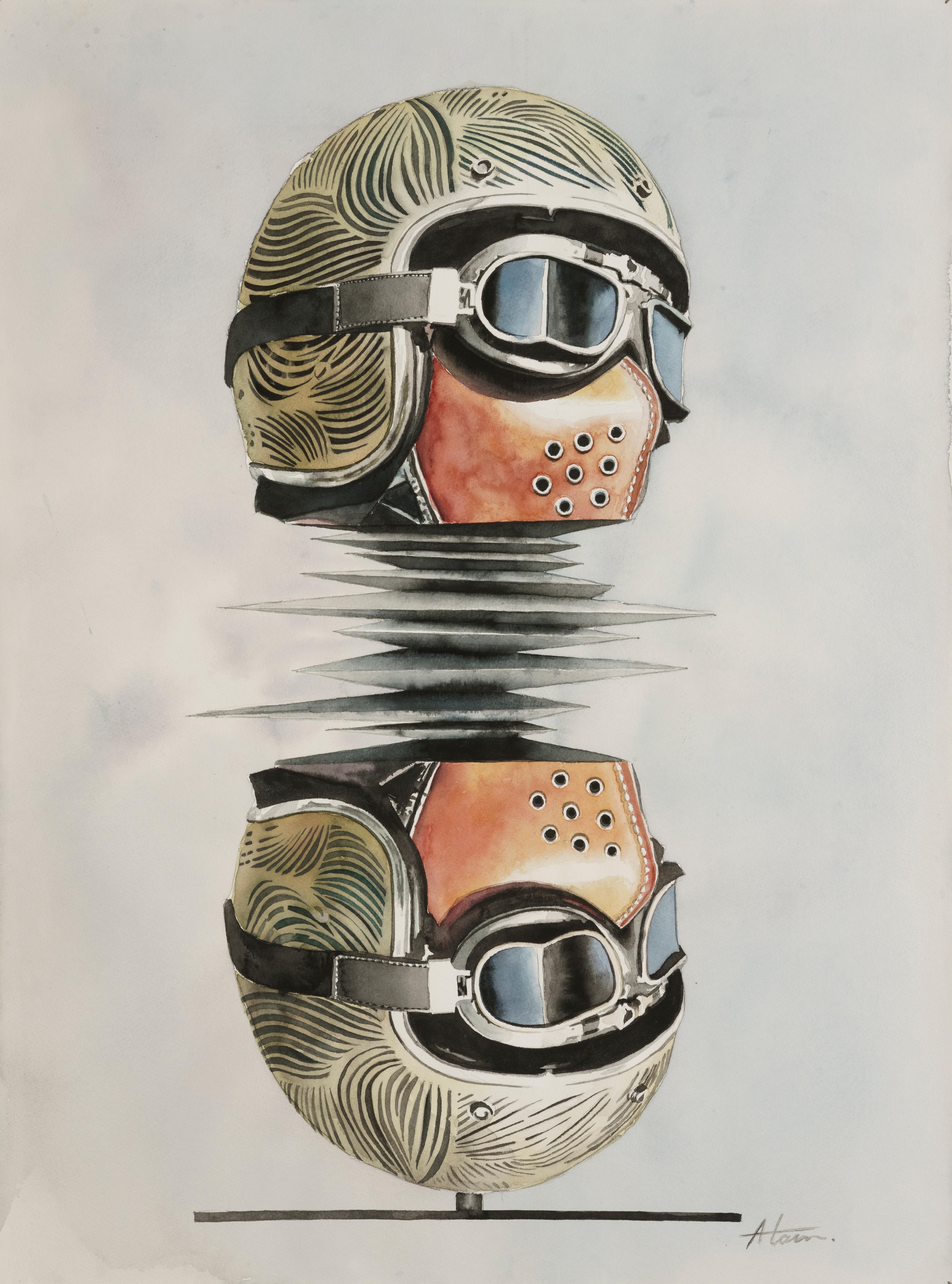 Alain Pino Figurative Painting - 'In the Other Side' Helmet Reflection Abstract Watercolor