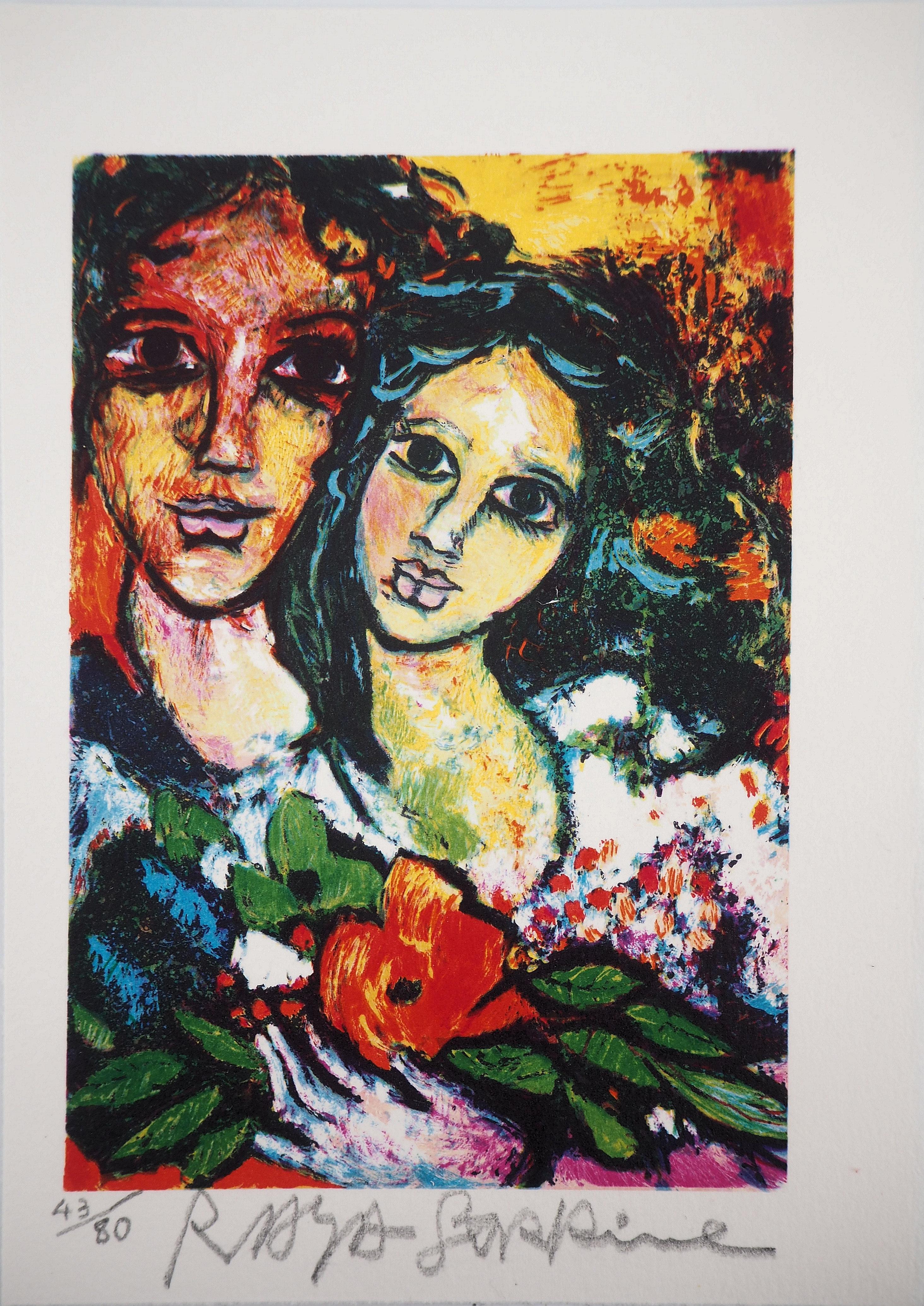 Figurative Print Alain Raya Sorkine - Les amants avec une rose rouge - Lithographie originale signée - 80 ex