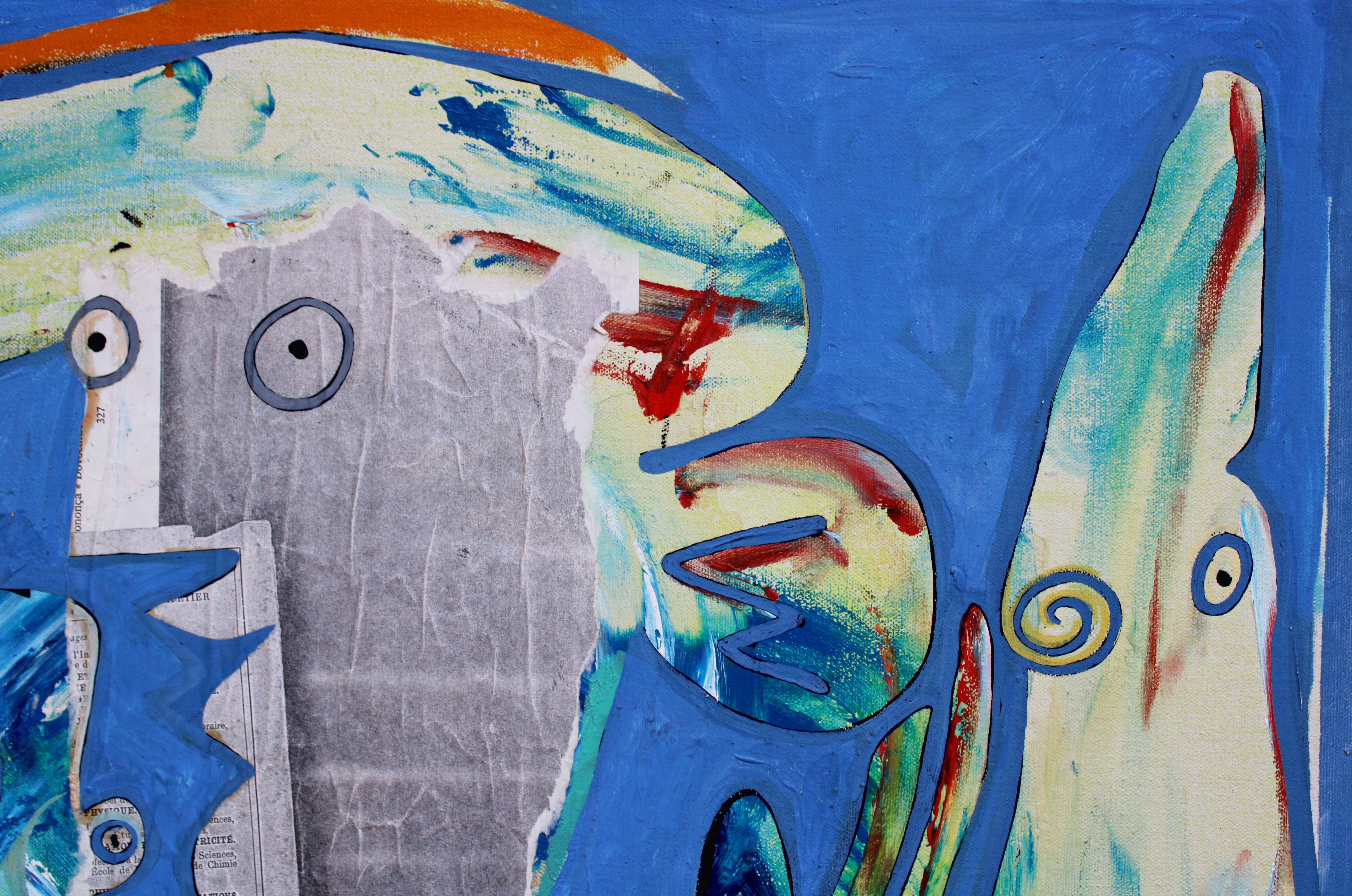 Treffen. 1997. Öl, Collage, Leinwand, 53,5x75 cm (Blau), Figurative Painting, von Alain Rothstein