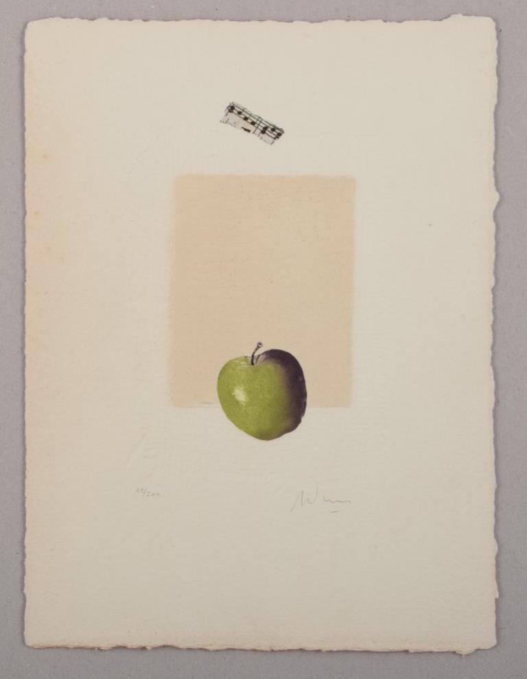 Alain Soucasse (geboren 1951), Frankreich. 
Farblithographie. Modernistisches Arrangement mit Apfel.
1980er/1990er Jahre.
In perfektem Zustand.
Mit Bleistift signiert und nummeriert.
# 49/200.
Abmessungen: Breite 28,0 cm x Höhe 38,0 cm.