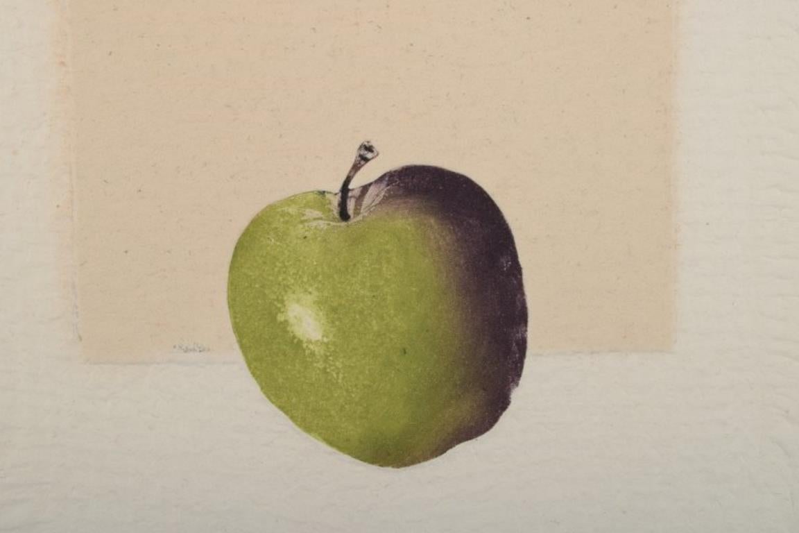 Alain Soucasse, Frankreich. Farblithographie. Modernistisches Arrangement mit Apfel. im Zustand „Hervorragend“ im Angebot in Copenhagen, DK