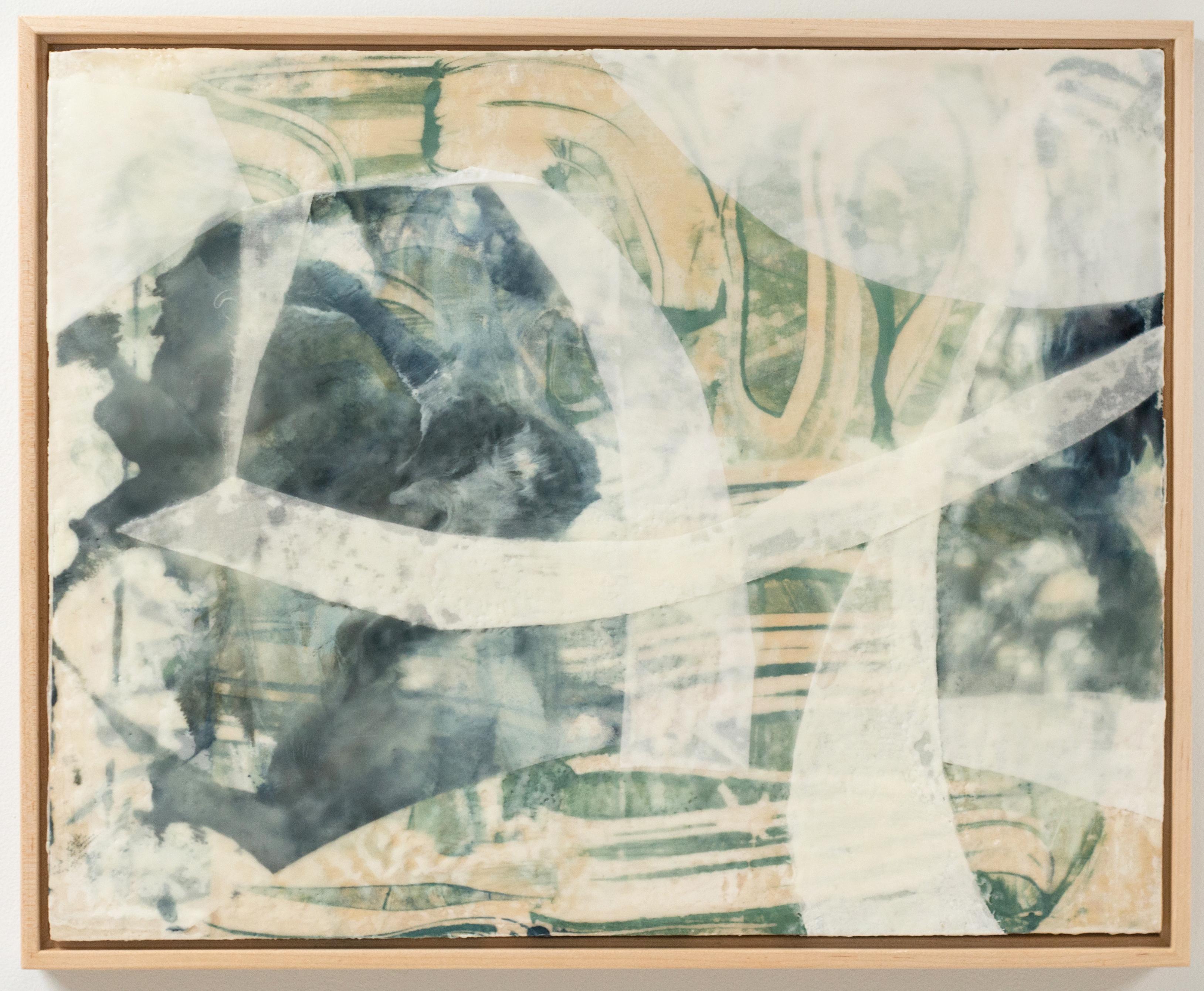 Alaina Enslen Abstract Painting - Blue Ochre (Abstract Encaustic Painting with Indigo, Teal, and Beige Fabrics)