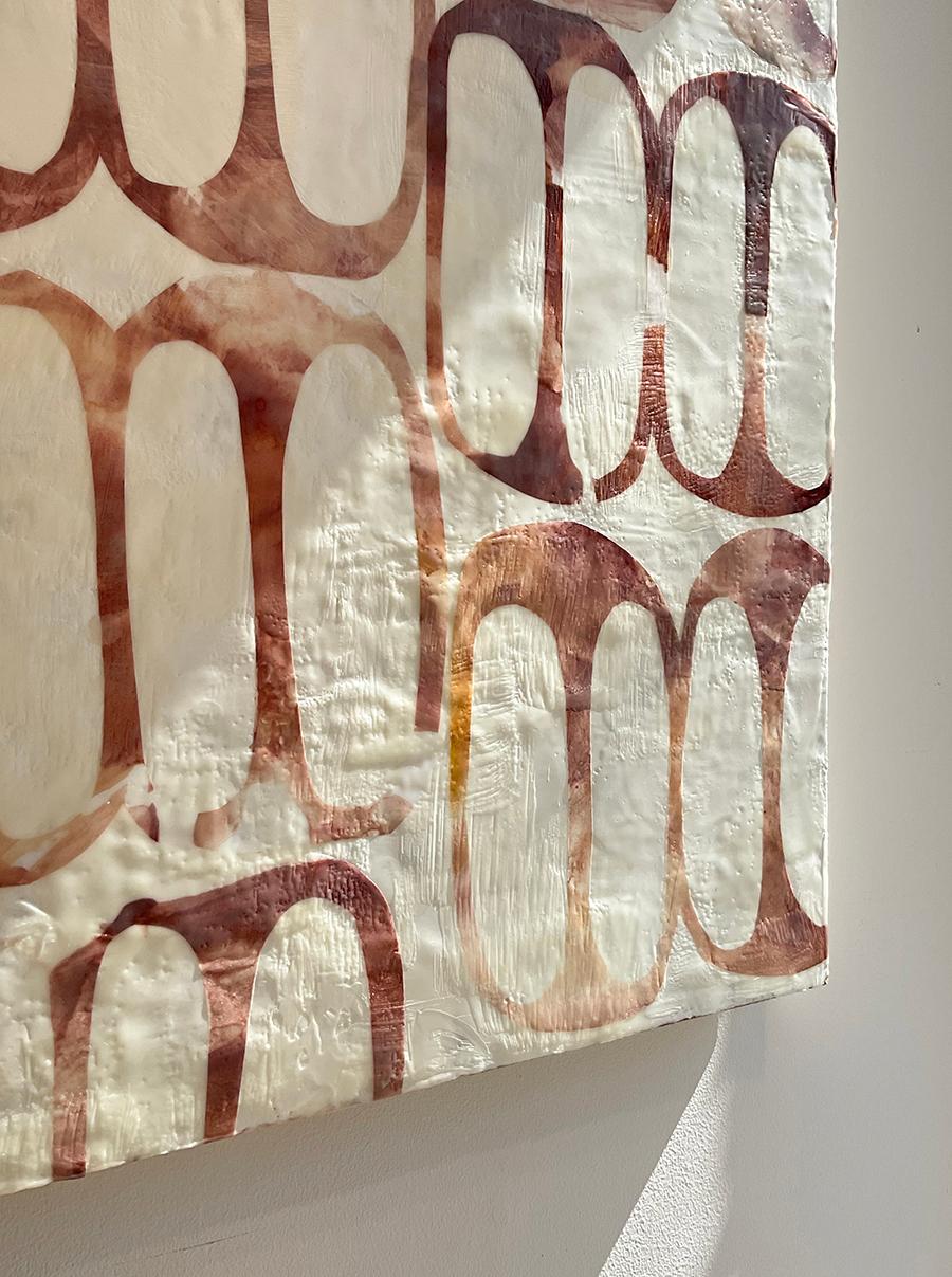 Centuries (Abstract Geometric Encaustic Painting In Patterned Ochre and White) For Sale 1