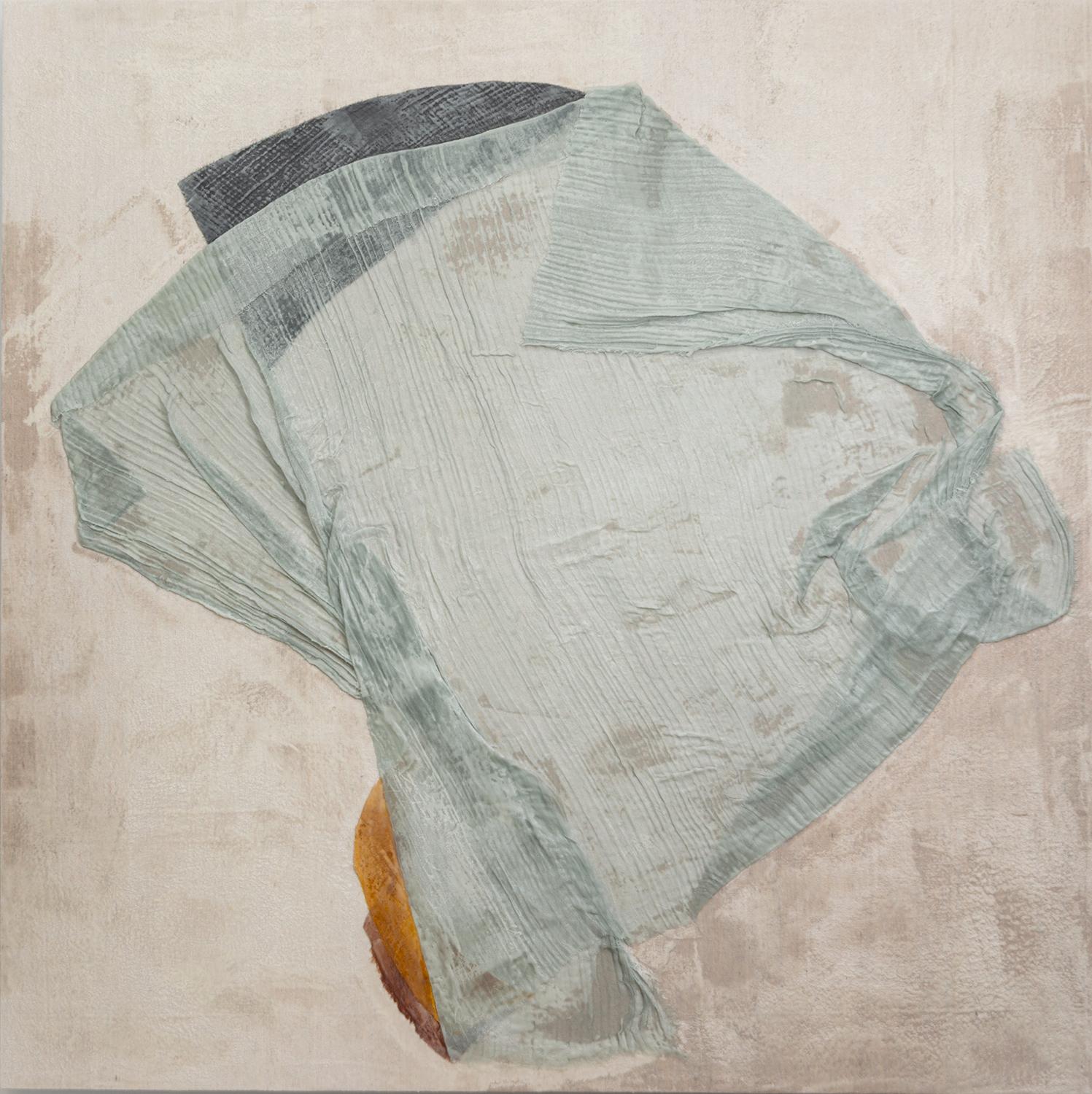Alaina Enslen Abstract Painting - Enfolding Form I (Abstract Encaustic & Fabric Painting in Off-White & Blue)
