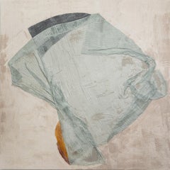 Enfolding Form I (Abstract Encaustic & Fabric Painting in Off-White & Blue)