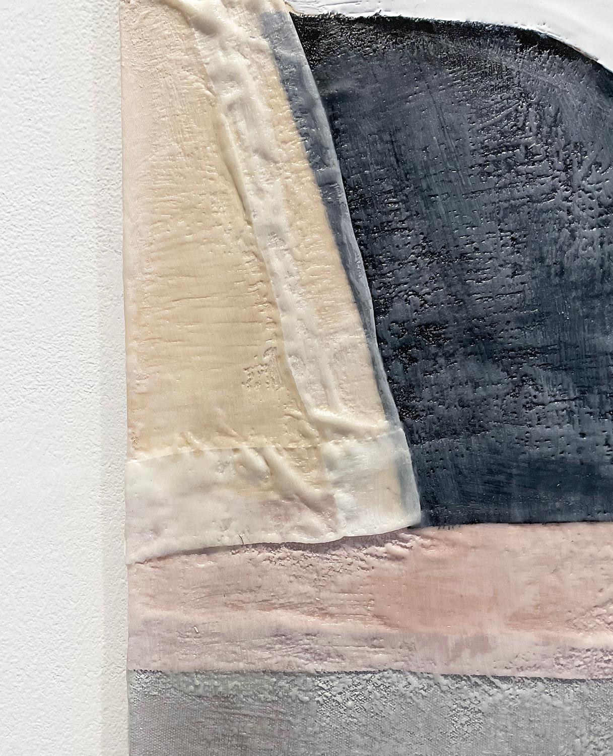 Genesis (Abstract Encaustic Painting with Stone Blue, Pink & Gray on White) - Beige Abstract Painting by Alaina Enslen