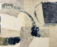 Happenings (Abstract Encaustic Fabric Painting on Panel in Navy, Green & Beige)