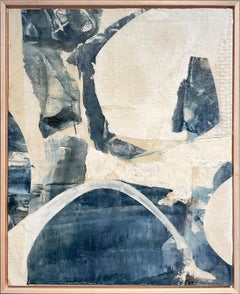 Indigo Rivers: Abstract Encaustic Painting with Blue, Teal & Beige Fabrics