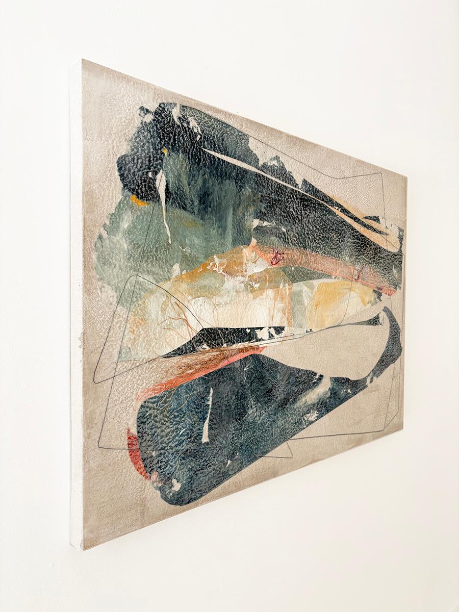 Lineto I (Abstract Encaustic and Collage Painting on Linen) For Sale 2