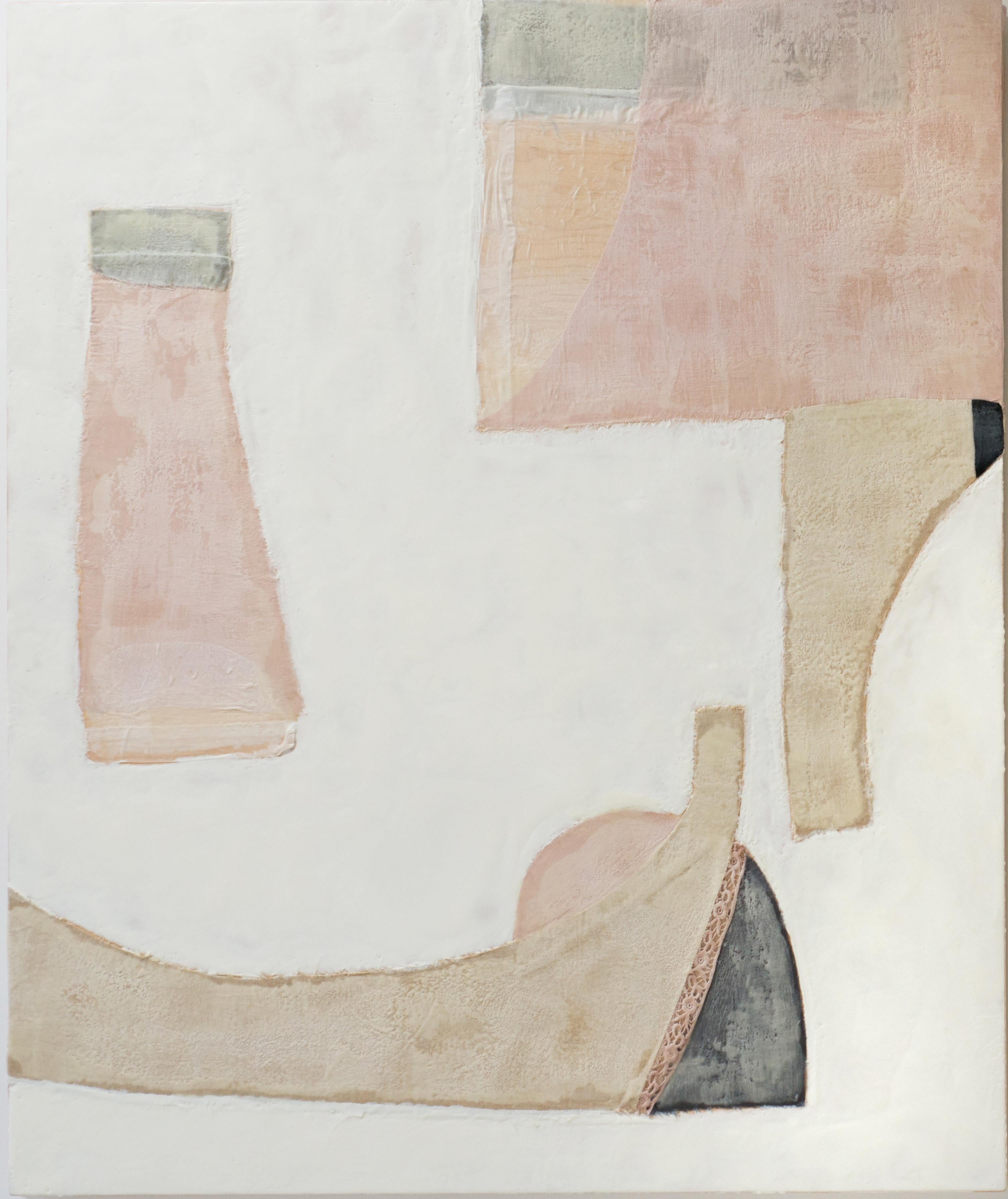 Alaina Enslen Abstract Painting - Shifting Shapes (Abstract Encaustic Fabric Painting with Pink, Sage & Beige, )