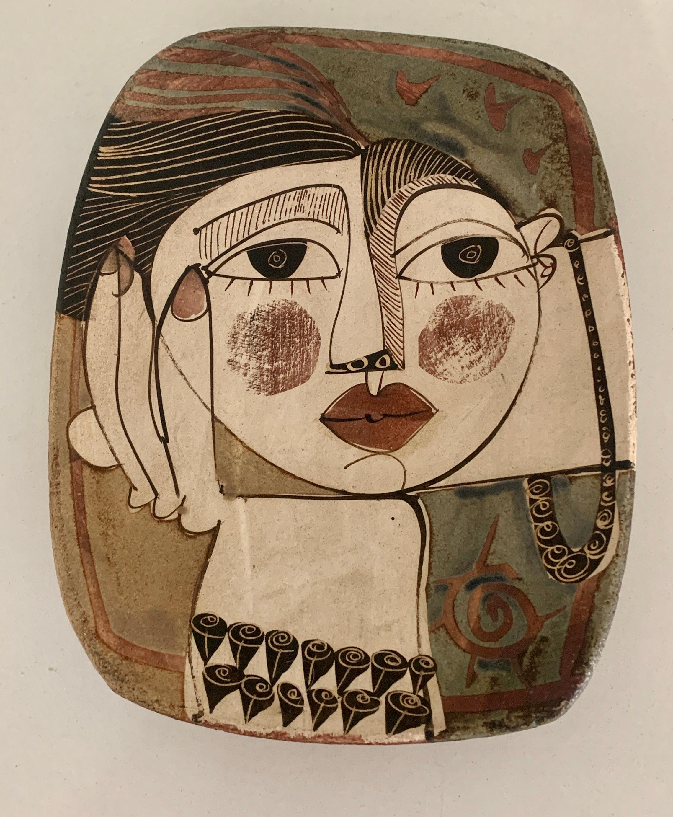 Hand-Painted Alajar Pottery Plate with Face in the Manner of Picasso For Sale