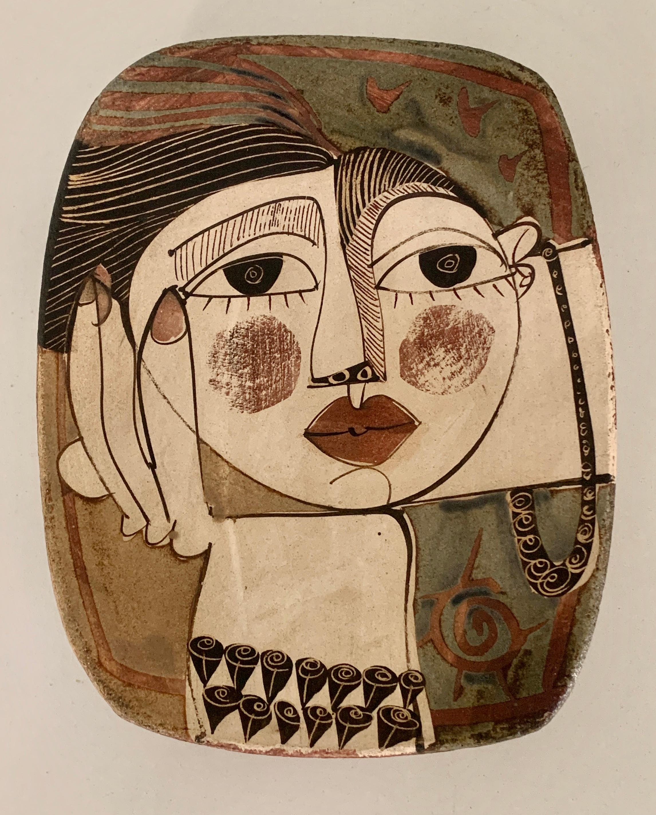 20th Century Alajar Pottery Plate with Face in the Manner of Picasso For Sale