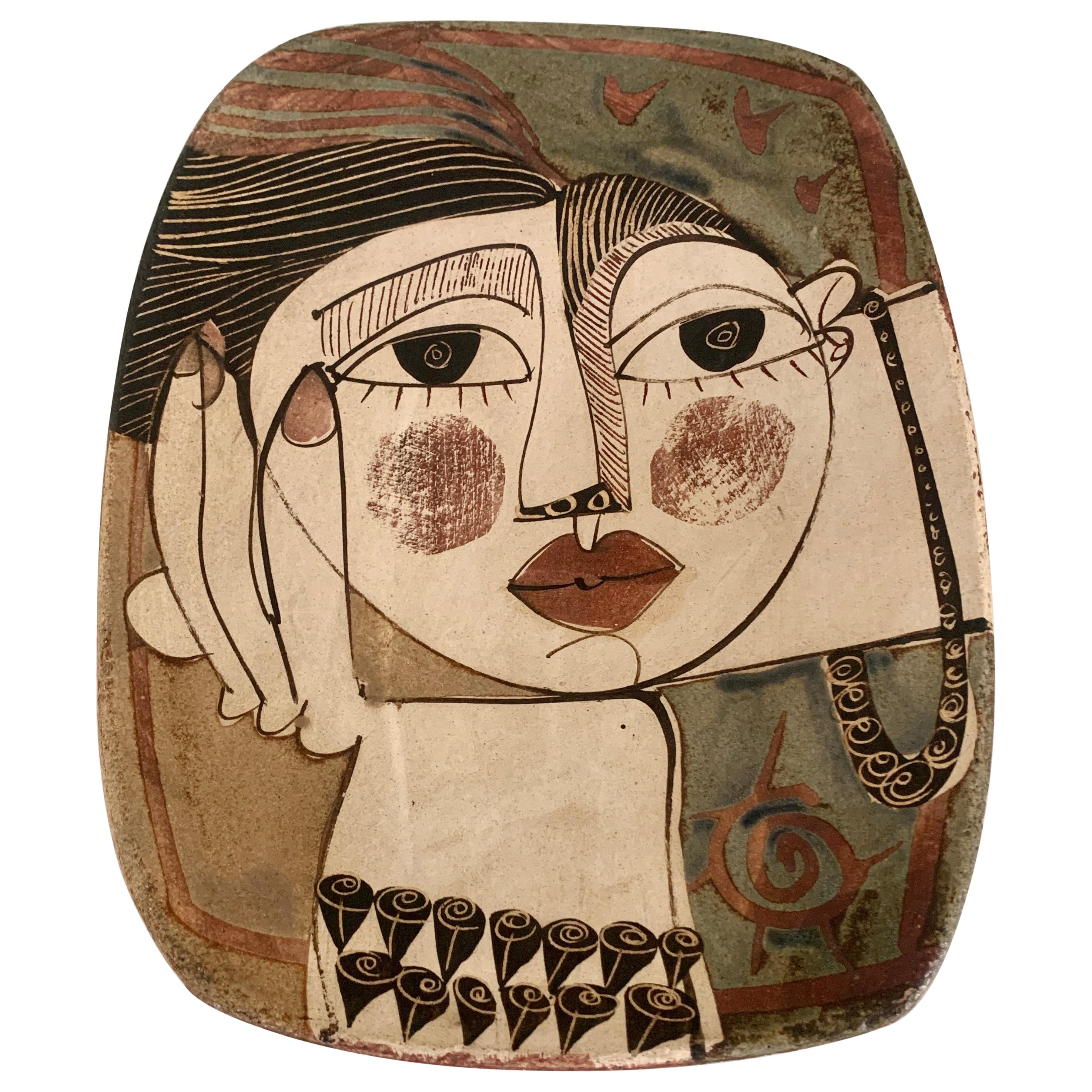 Alajar Pottery Plate with Face in the Manner of Picasso For Sale