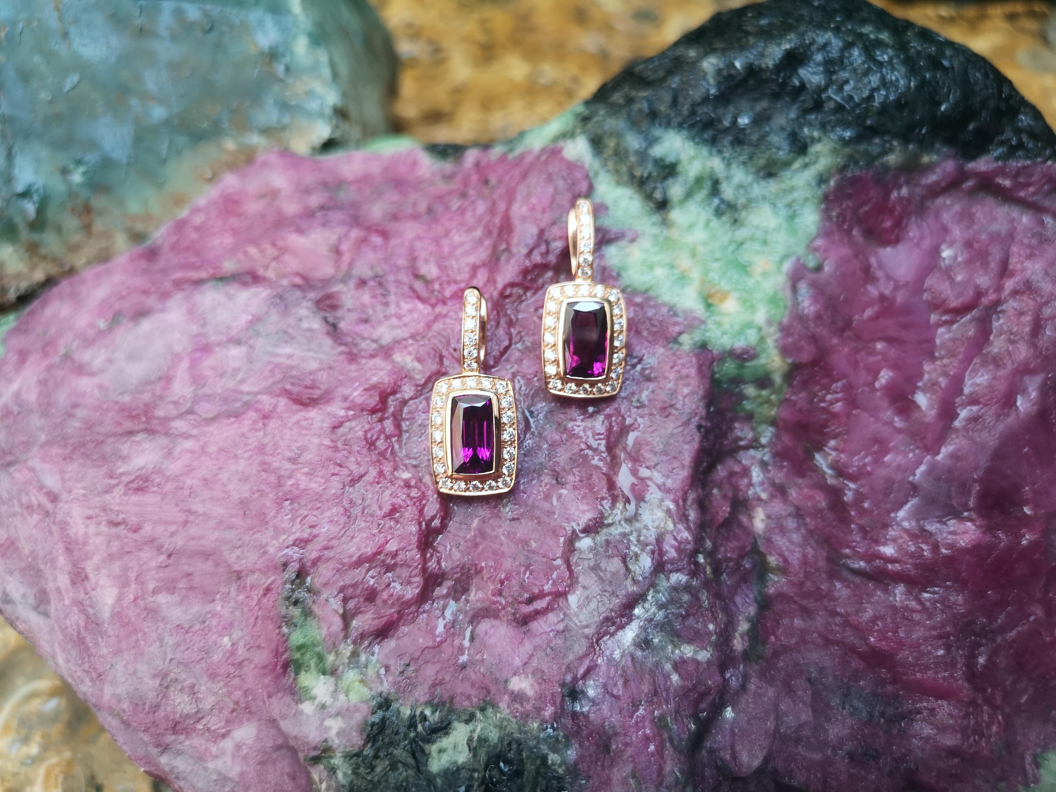 Contemporary Alamandite Garnet with Diamond Earrings Set in 18 Karat Rose Gold Settings For Sale