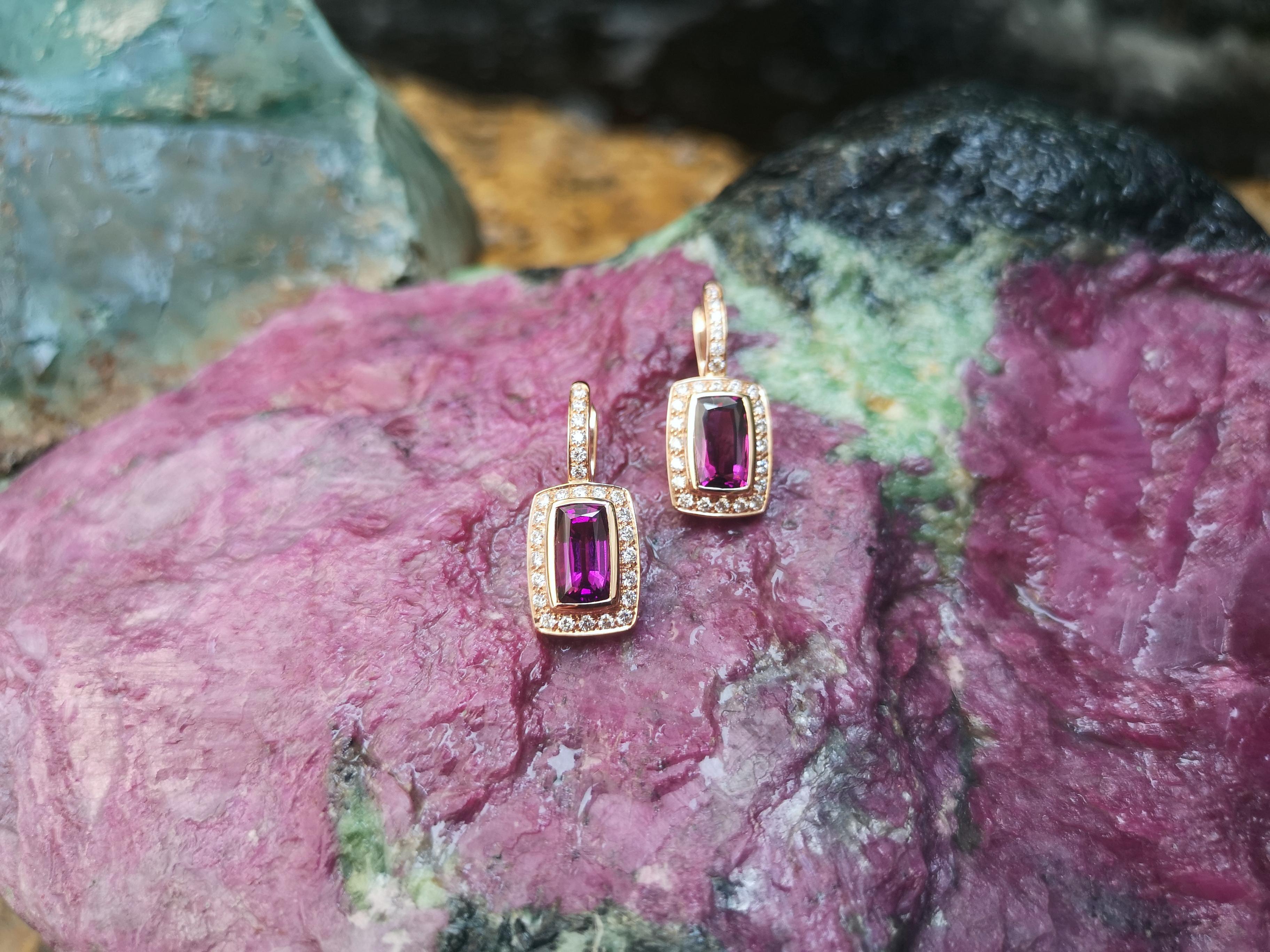 Emerald Cut Alamandite Garnet with Diamond Earrings Set in 18 Karat Rose Gold Settings For Sale