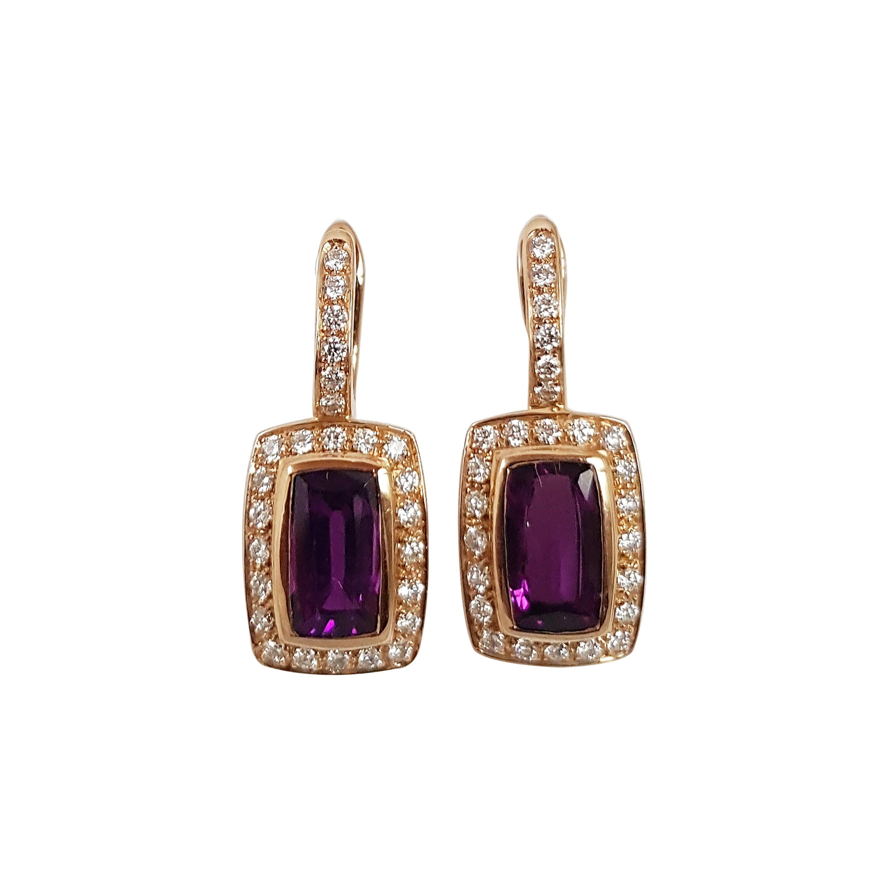 Alamandite Garnet with Diamond Earrings Set in 18 Karat Rose Gold Settings For Sale