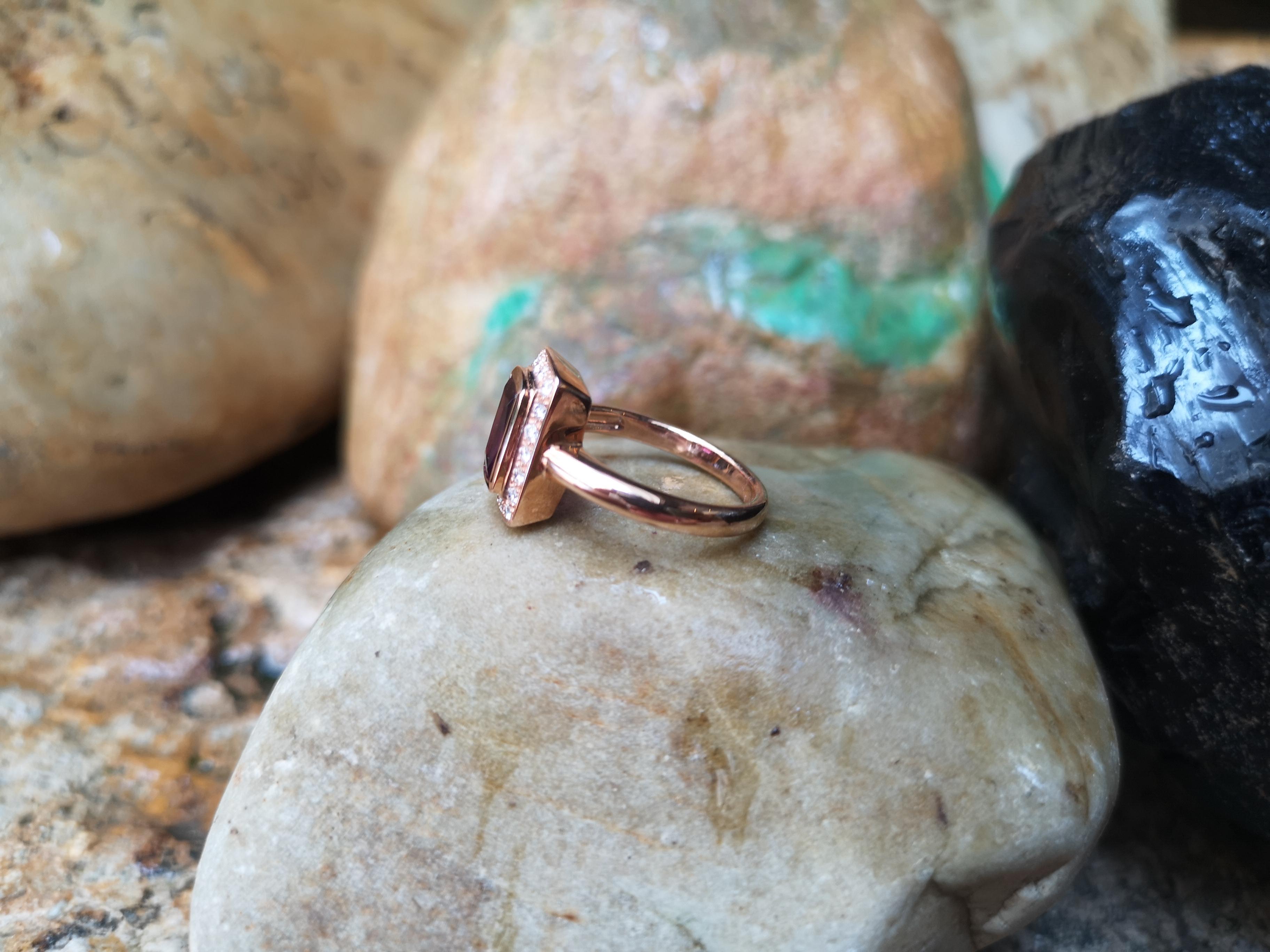 Emerald Cut Alamandite Garnet with Diamond Ring Set in 18 Karat Rose Gold Settings For Sale