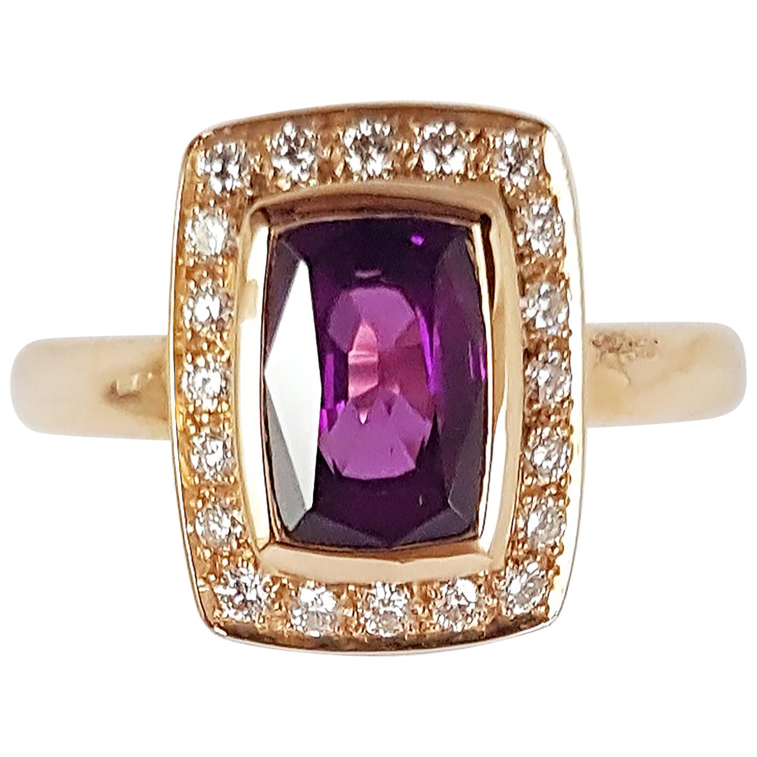 Alamandite Garnet with Diamond Ring Set in 18 Karat Rose Gold Settings For Sale