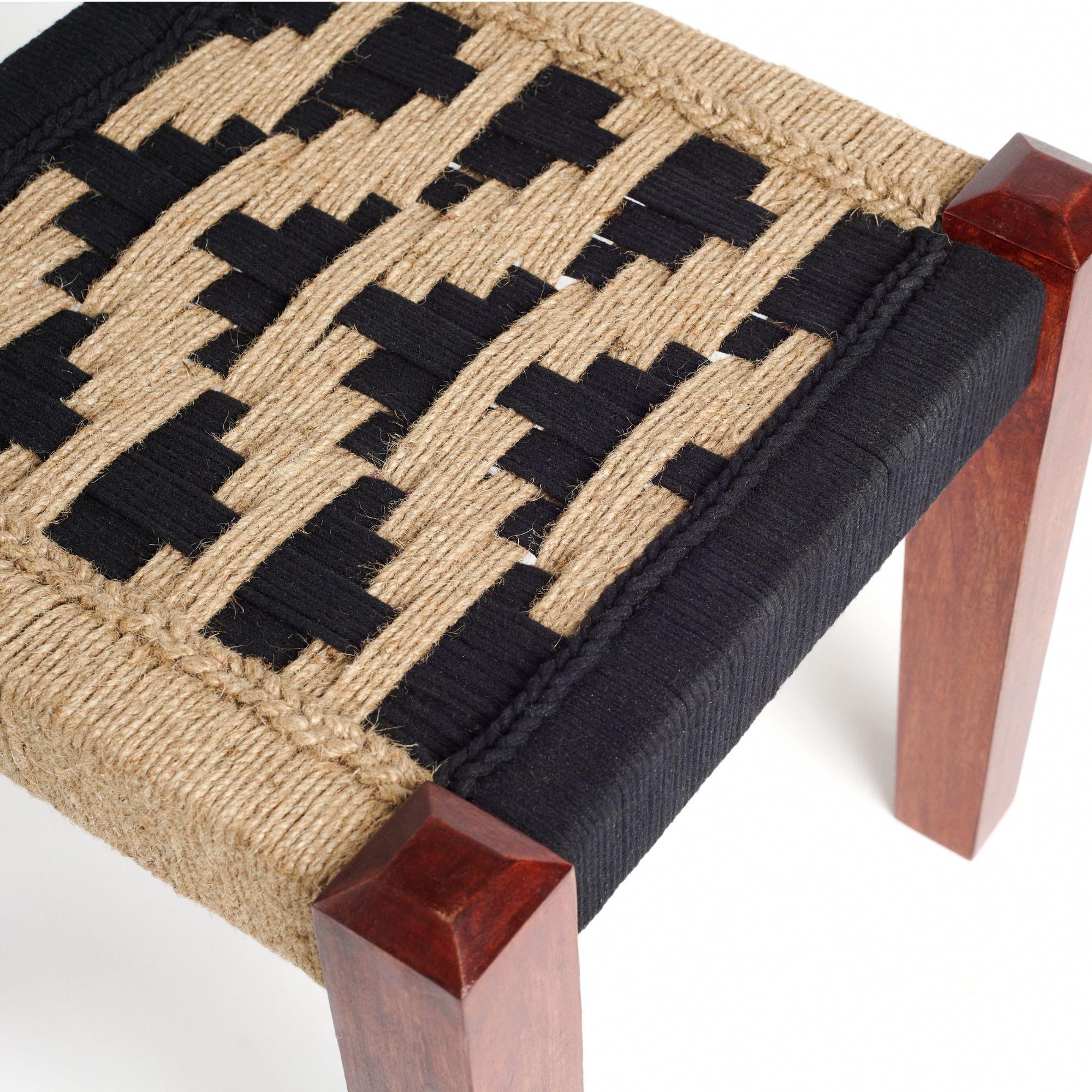 Indian Ālambh Black Stool Handwoven in Jute and Cotton by Artisans For Sale