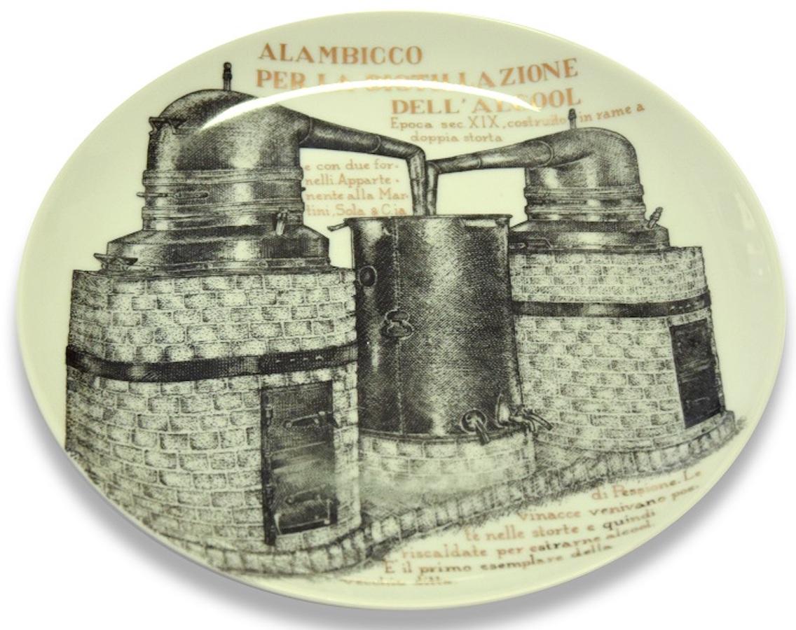 Alambicco per la distillazione dell'alcool is an elegant silk-screened porcelain plate, designed by Piero Fornasetti for Martini & Rossi in 1960s.

Original title: Alambicco per la distillazione dell'alcool (Alembic for the alcool