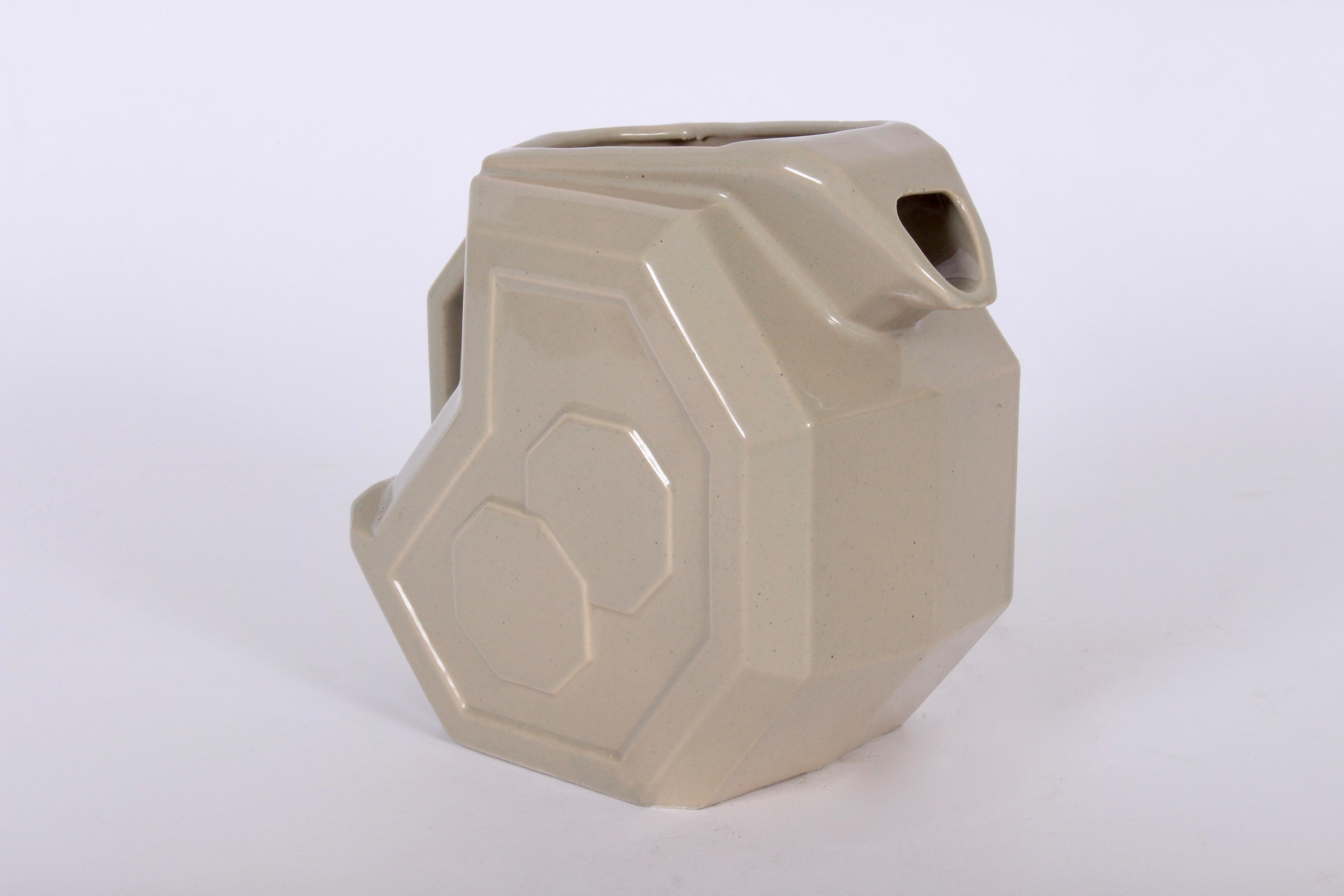 1940s Harold Holman, Alamo Potteries glazed ceramic pale taupe octagon pitcher with ice lip. Geometric. Stamped model 759. Made in San Antonio, Texas.