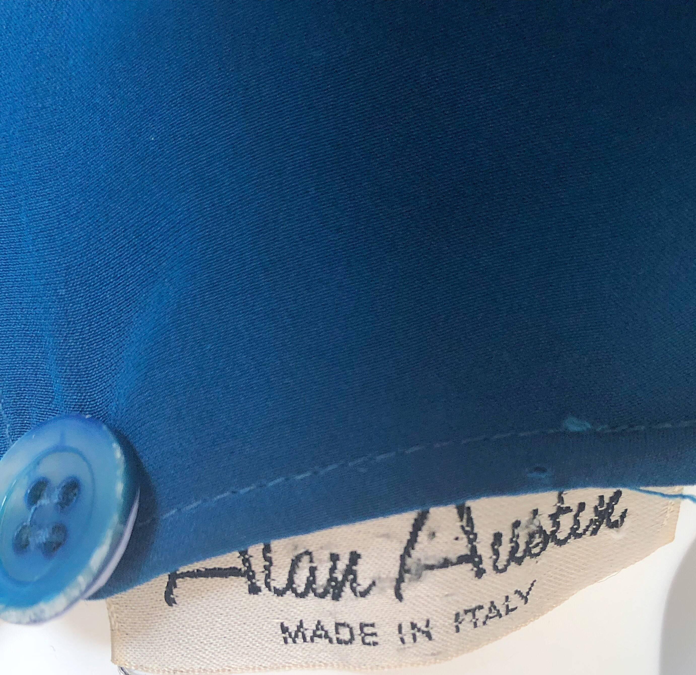 Alan Austin 1970s Cerulean Blue Italian Open Back Long Sleeve Vintage Silk Dress For Sale 3
