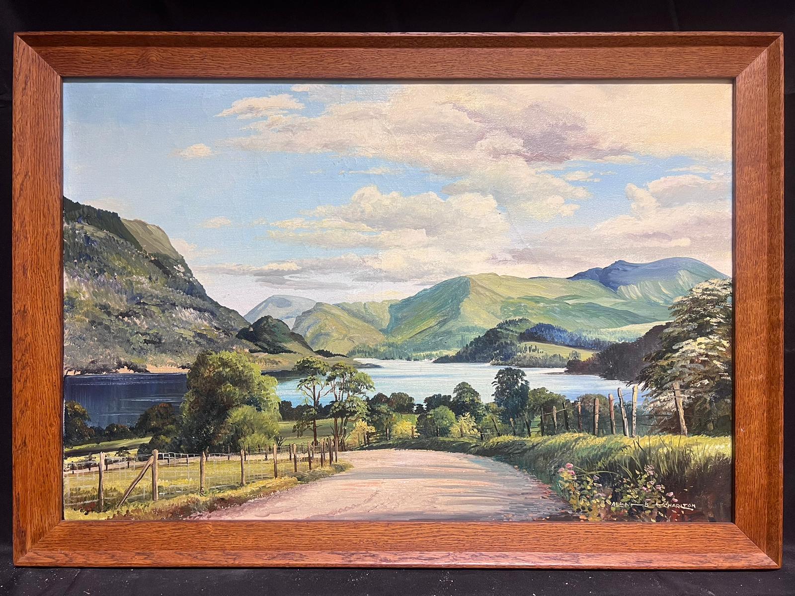Ullswater El distrito de los lagos inglés Gran cuadro al óleo vintage firmado sobre lienzo - Painting de Alan . B Charlton