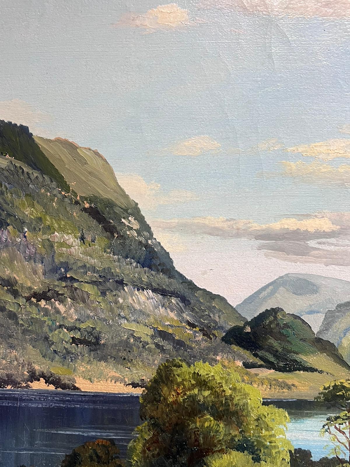 Ullswater El distrito de los lagos inglés Gran cuadro al óleo vintage firmado sobre lienzo 2