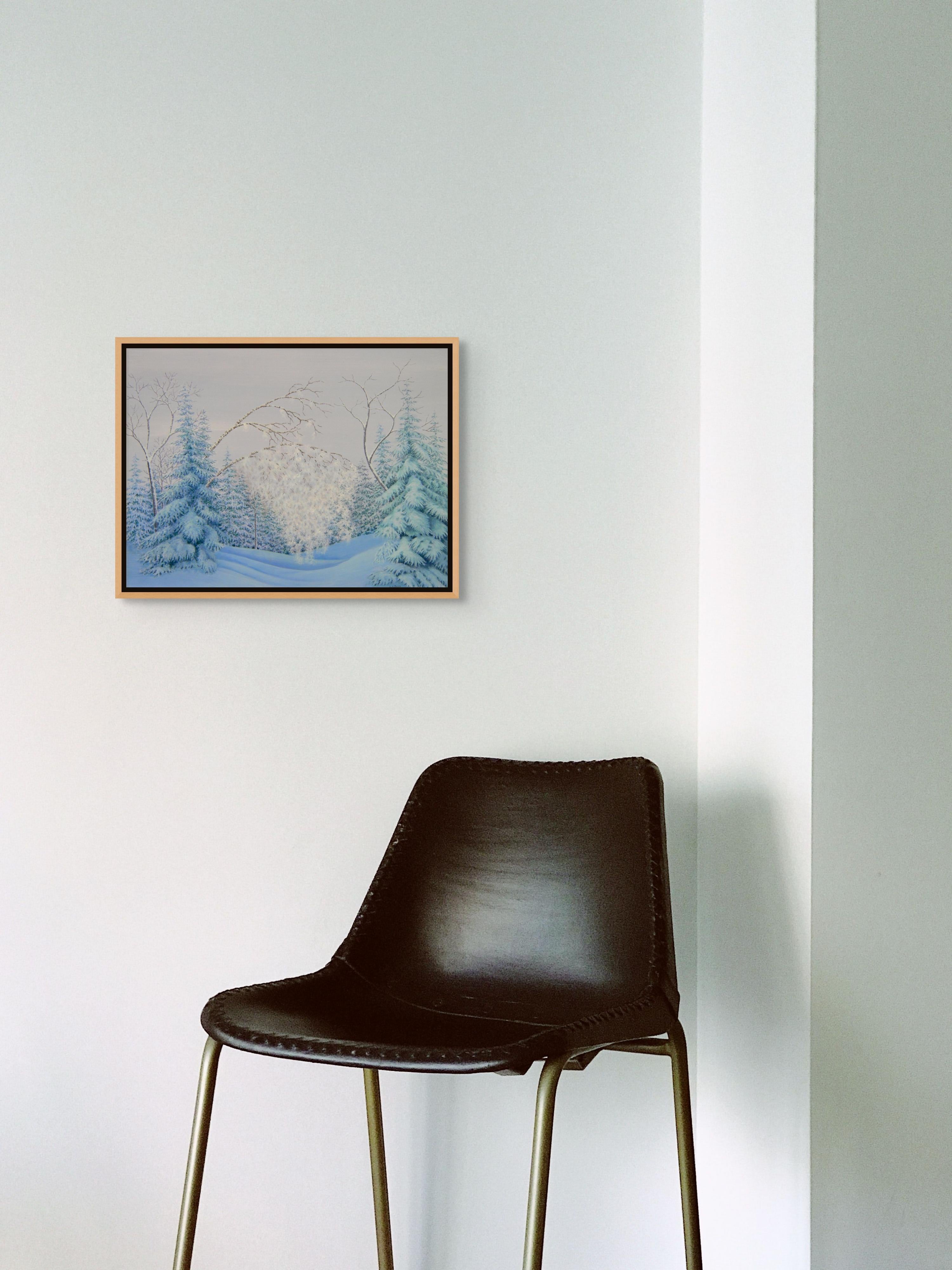A Whisper Breaks the Silence, Eine poetische Wintry-Landschaft mit weichem Blau und Weiß (Amerikanischer Realismus), Art, von Alan Bray